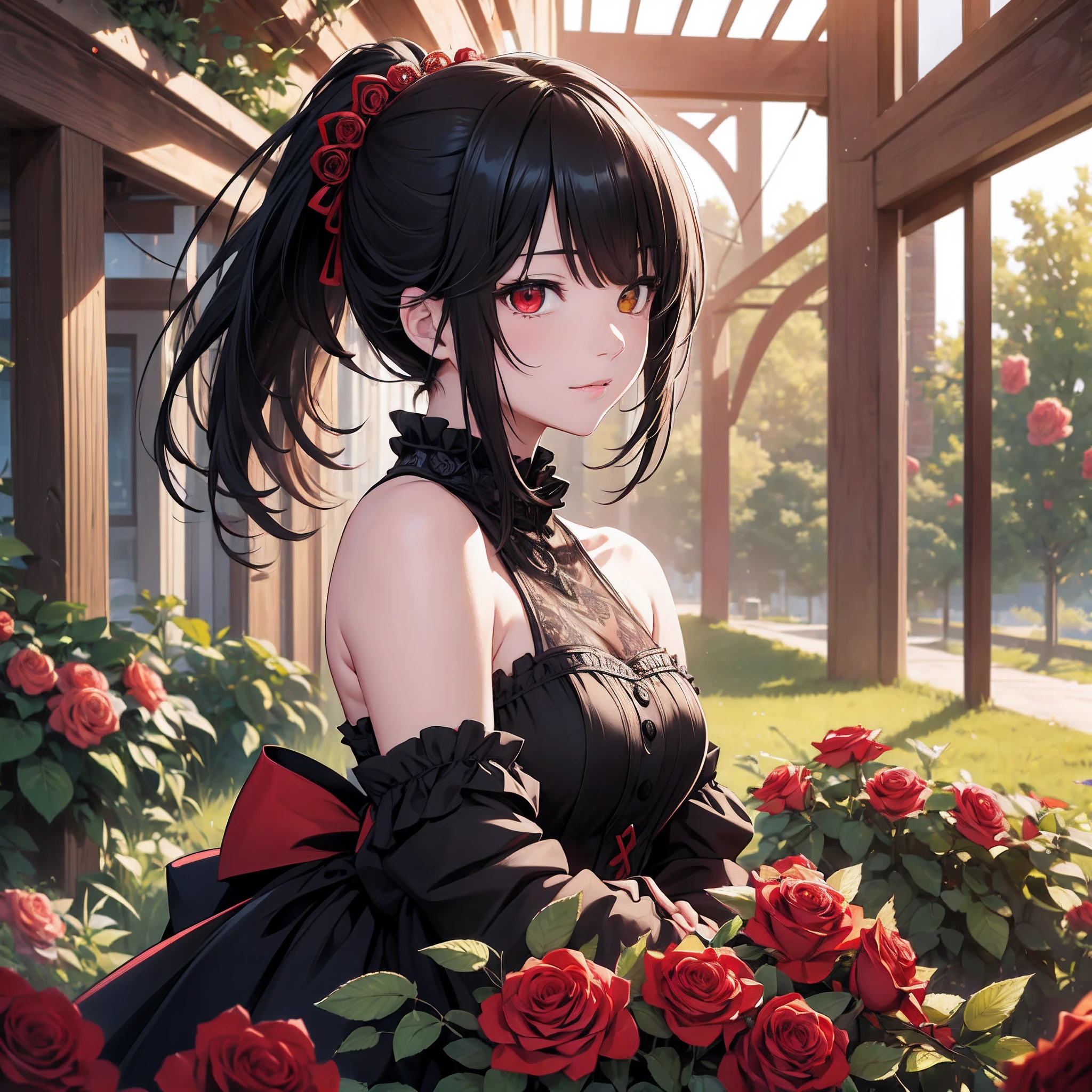 ((top-quality)), ((masterpiece)), ((ultra-detailliert)),(8k wallpaper:1.2),(Ultra-high resolution:1.2),(masterpiece:1.1),wallpaper,High quality,(High detail),(absurdres, highres, ultra detailed),( best quality:1.2),1girl,tokha Kurumi,yellow and red eyes,black hair, ponytail hairstyle,black and red dress,(hair covering left eye), lightly smiling, heterochromia , absolutely stunning art, extremely detailed, highest quality digital art, surrounded by Roses