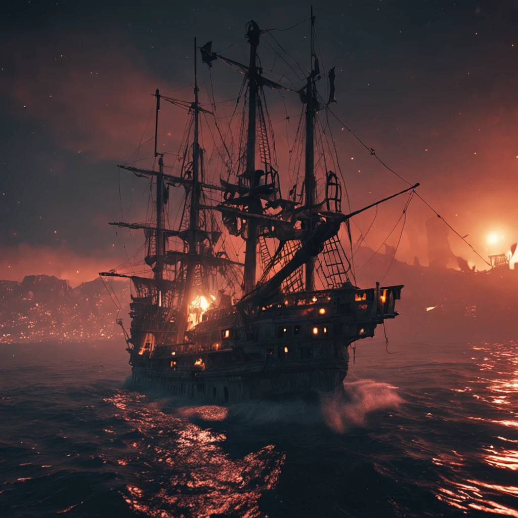 Army of Ghost Ships at Night. Pirate Ship, 4K, apparition, A hyper-realistic, Kinematic ::n_Style drawing, Low quality defects, dollface, games, Anime