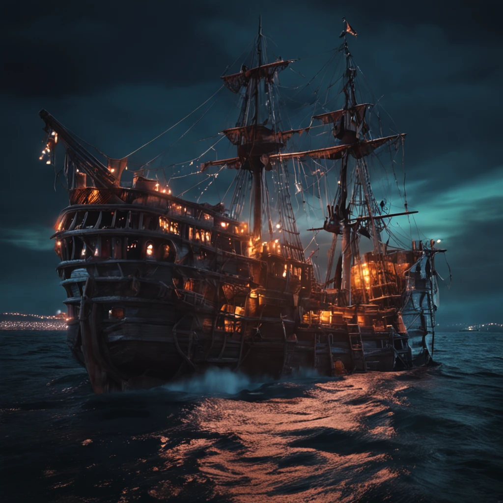 Army of Ghost Ships at Night. Pirate Ship, 4K, apparition, A hyper-realistic, Kinematic ::n_Style drawing, Low quality defects, dollface, games, Anime