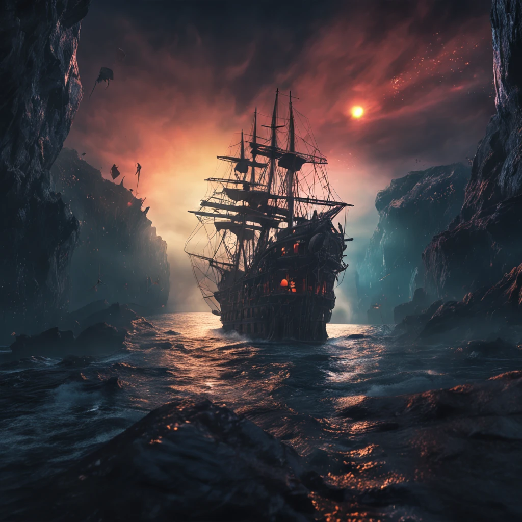 Army of Ghost Ships at Night. Pirate Ship, 4K, apparition, A hyper-realistic, Kinematic ::n_Style drawing, Low quality defects, dollface, games, Anime