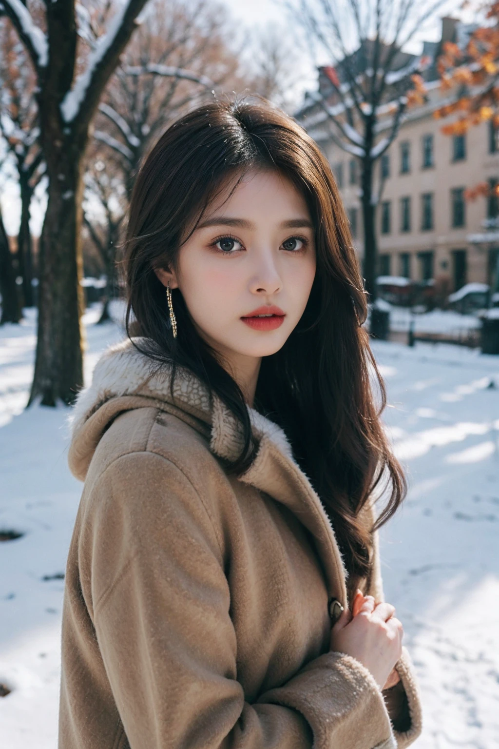 1girl, bare_tree, brown_eyes, brown_hair, building, coat, cross_earrings, earrings, fur, fur-trimmed_coat, fur_collar, fur_scarf, fur_trim, jewelry, lips, long_hair, looking_at_viewer, outdoors, snow, snowing, solo, tree, upper_body, winter, winter_clothes, detailed_eyes,