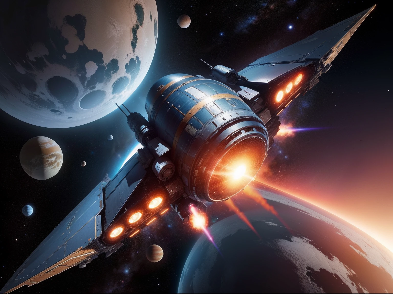 In the vastness of space, a spaceship is speeding past a super-large planet。