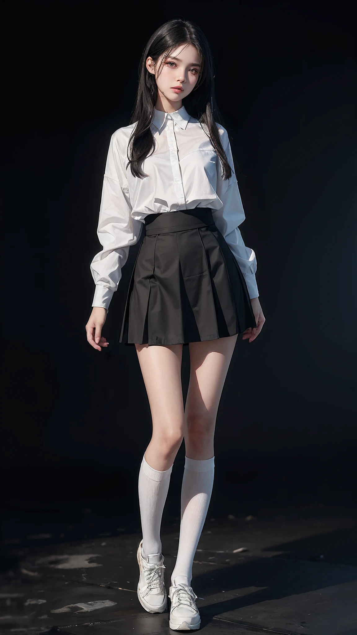 ((masterpiece, best_quality)), 1girl, (photorealistic:1.4), solo, white_background, black_hair, long_hair, zettai_ryouiki, skirt, ((full_body)),