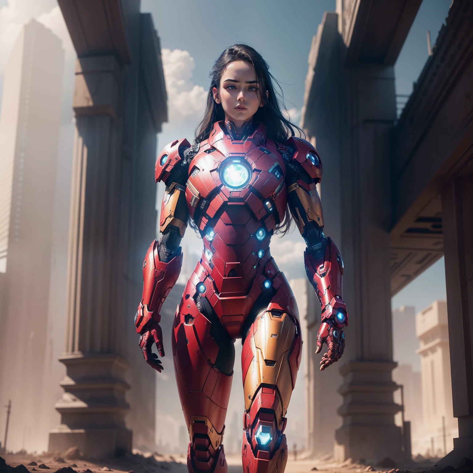 Realistic movie scene of a 20-year-old woman standing full body in a cyberpunk barren with stunning cloudscapes. (wearing an Iron Man mech) on her insanely complex anatomically adapted (graphene: 1.1) biomechanically symmetrical arms and biomechanically symmetric legs. Extremely detailed, elegant and ornate symmetrical fractal detail with Kyanite gemstone. Scene captured with bright soft natural light, dramatic shadows and beautiful vibrant colors. Romantic art style. 8k resolution image with cyberpunk style, intricate symmetrical details. The whole picture is indomitable and heroic. It is mainly a complete picture of a man standing with his whole body, smooth movements and confident expression.