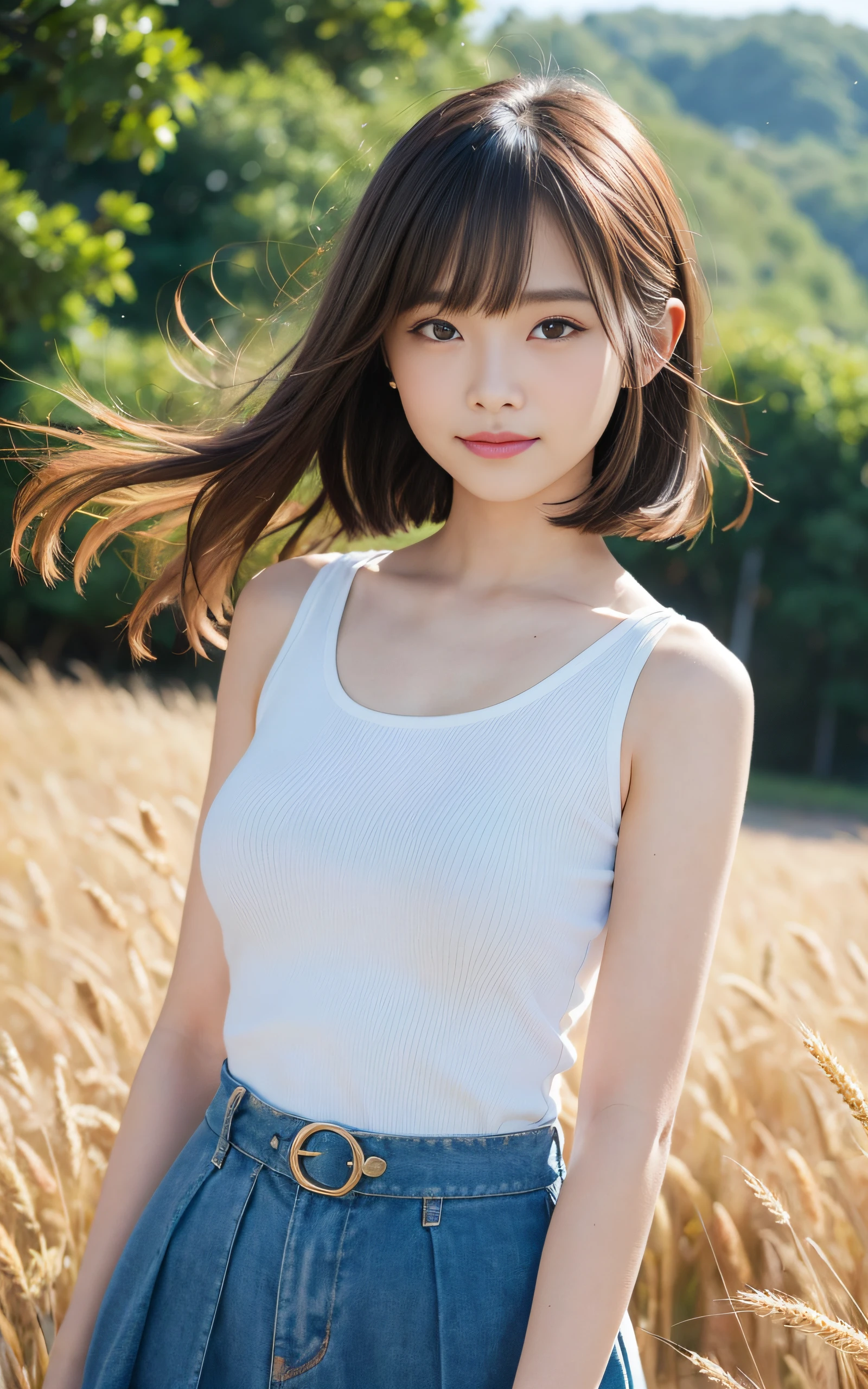 ((Best Quality, 8K, masutepiece: 1.3)), (Sharp Focus: 1.2), Rustic farm with rolling fields of golden wheat, 1 girl, Full body, Put your hands behind your back, stunning elegant pose，Neat and clean beauty, 20 years old, Half Japan and half American, Looking away, Classy and elegant, A pretty girl with perfect figure, shyly smile, Cute, Shy, ((Shoulder-length straight hair swaying in the wind, Bangs)), Big breasts, (Tank top: 1.1), Skirt, Highly detailed face and skin texture, Detailed eyes, Background bokeh，