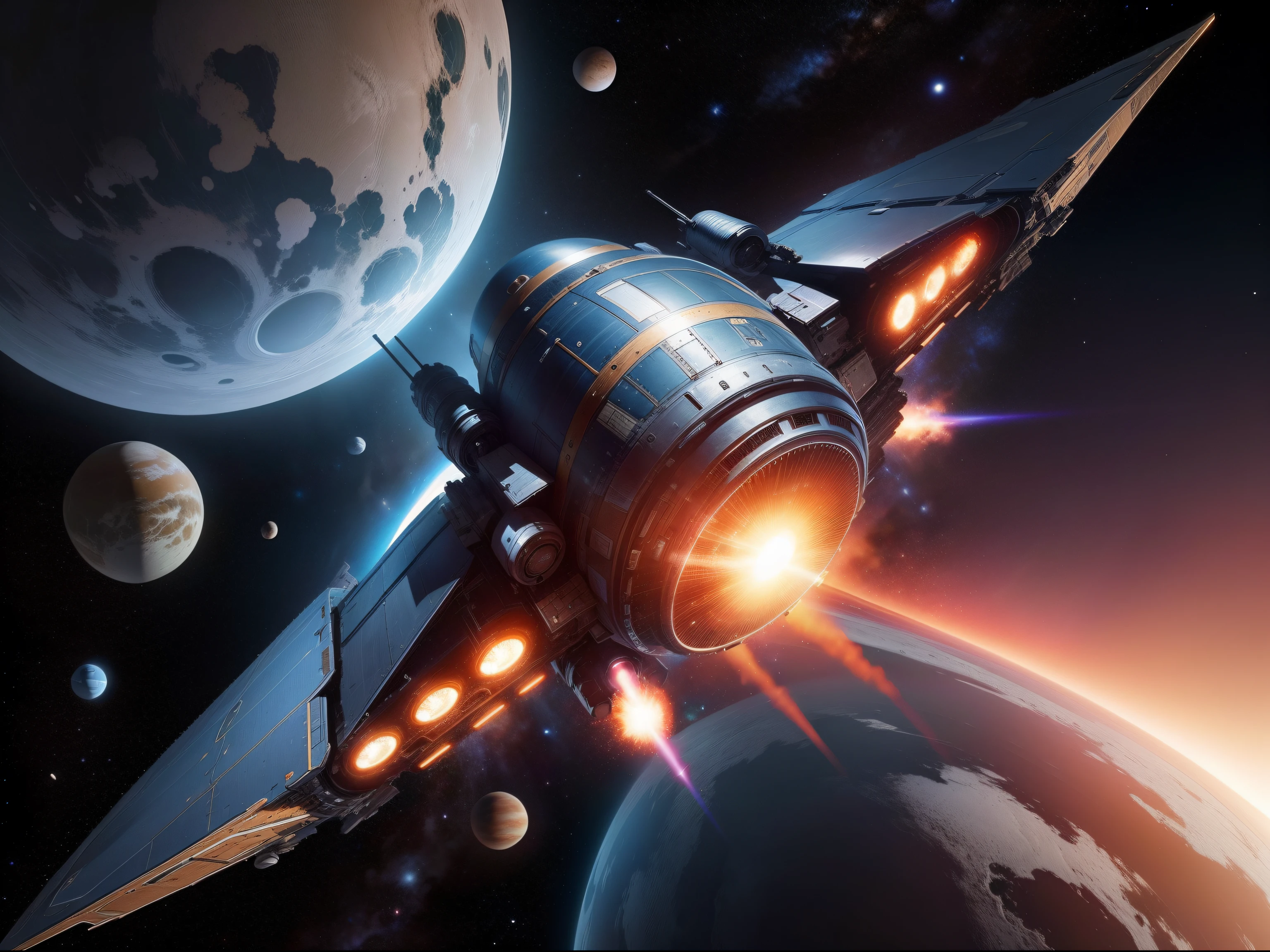 In the vastness of space, a spaceship is speeding past a super-large planet。