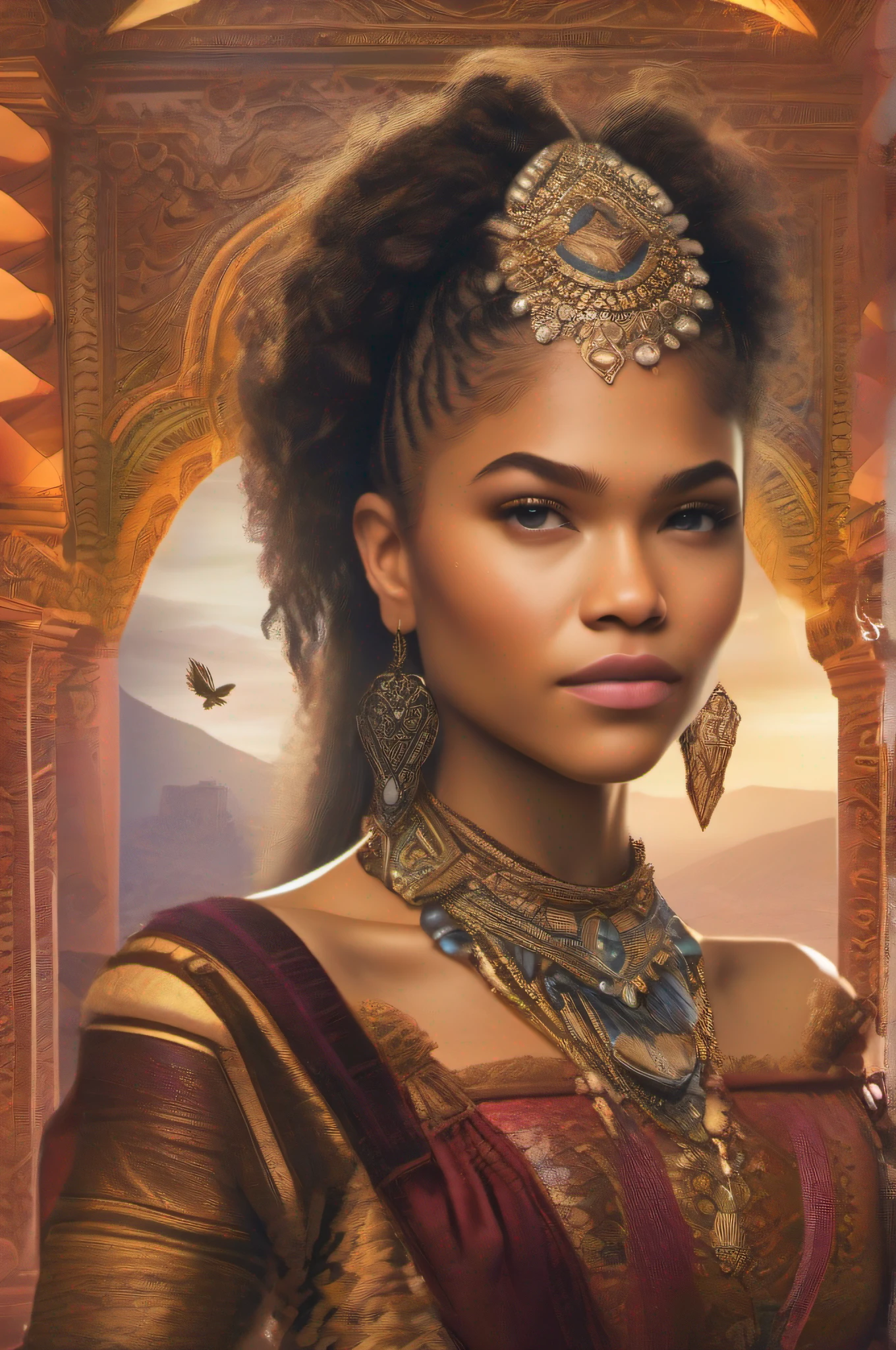 Generate an image depicting the majestic kingdom of The Apache, with towering palaces, bustling markets, and lush landscapes. Show Zendaya, distinguished by her valor and kindness, being chosen as the future queen, while Erena's jealousy begins to brew in the background