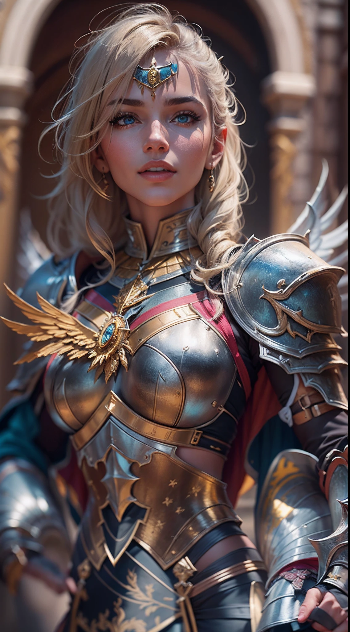Masterpiece, absurdres,award winning photo, extremely detailed, amazing, fine detail, extremely detailed eyes and face, by lee jeffries nikon d850 film stock photograph 4 kodak portra 400 camera f1.6 lens rich colors hyper realistic lifelike texture dramatic lighting unrealengine trending on artstation cinestill 800 tungsten, beautiful woman , slim, tiny waist, smiling, excited, looking at the viewer seductively, (a woman in a armor and gold accessories, golden wings, wearing AGF:1.1), (redshift style:1.1), (analog style:1.1), realistic, photo shoot, professional, high contrast, blonde woman,(Nadia, wearing sunglasses:1.15), 1girl, solo, expressive look, HDR, highest quality, sharp focus, looking at viewer, facing viewer, 8k, blue eyes, wearing (Paladin_glam armor, armor decorated with jewels, paladin armor:1.15), final fantasy xiv setting, ultra sharp resolution