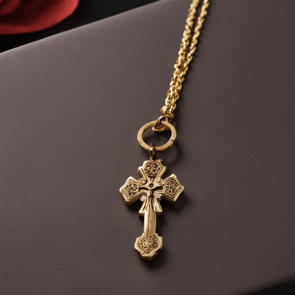 a gold key pendant with a cross on it, a sketch inspired by Kanō Hōgai, pixabay, sōsaku hanga, anime key, mochiduki key, the key of life, golden key, kyoto animation key, the key of the nile, ankh symbol around the neck, key is on the center, map key