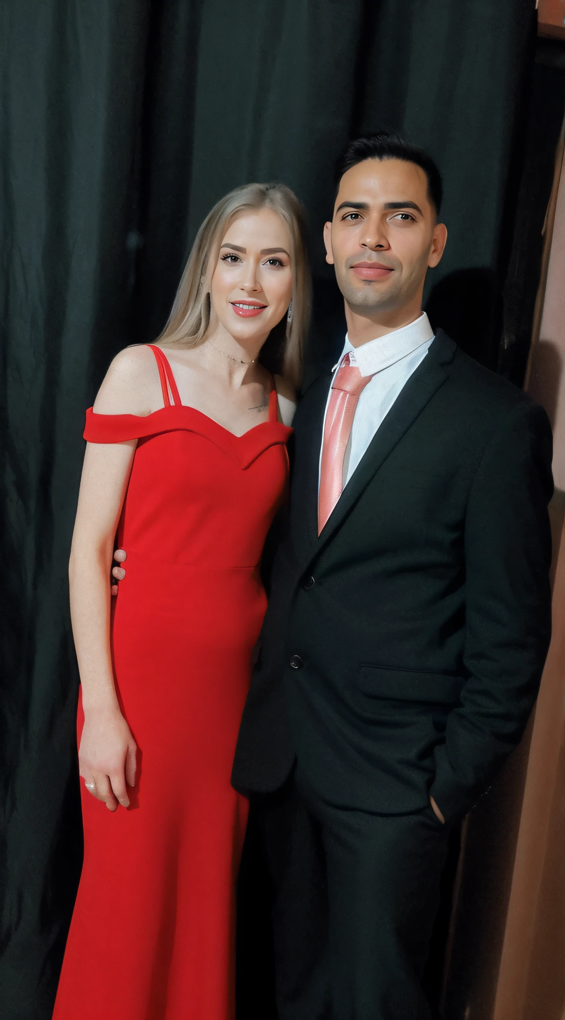 there are two people standing next to each other in a room, vestindo trajes formais vermelhos, Lovely couple, taken in the early 2020s, usando um vestido vermelho, tomada em 2 0 2 0, suave em _ O pano de fundo, Upload de alta qualidade, em um vestido vermelho, usando vestido vermelho, Fotografia tirada em 2 0 2 0, em vermelho e preto