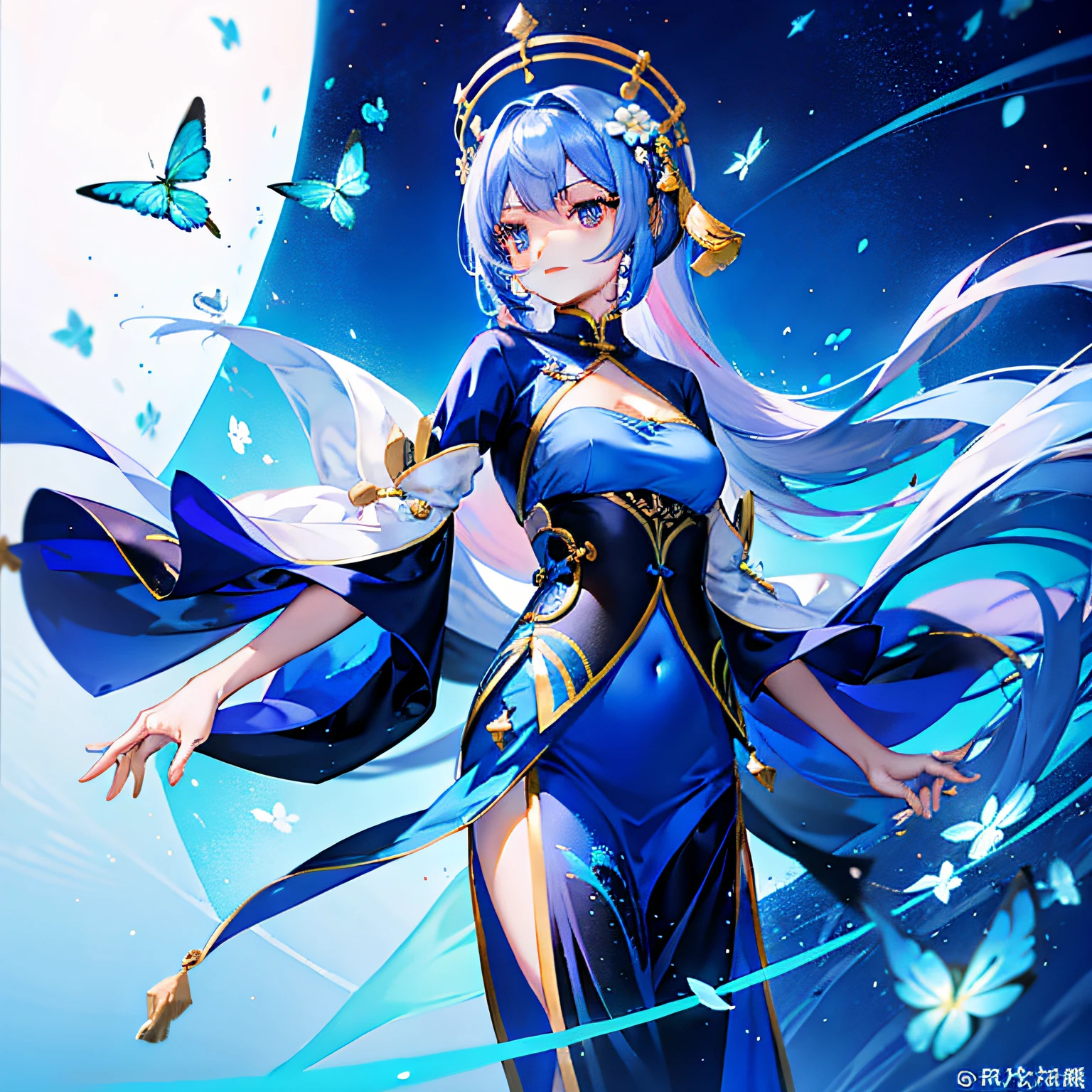 Cosmos field thin long blue straight hair
Wearing Chinese costume，for the background, Blue sora dotted against the background of a beautiful cosmos field，She's a beautiful person, cute type., Slender Petite Sweet Girl、Beauty
Adorable face、Lovely woman with cute eyes