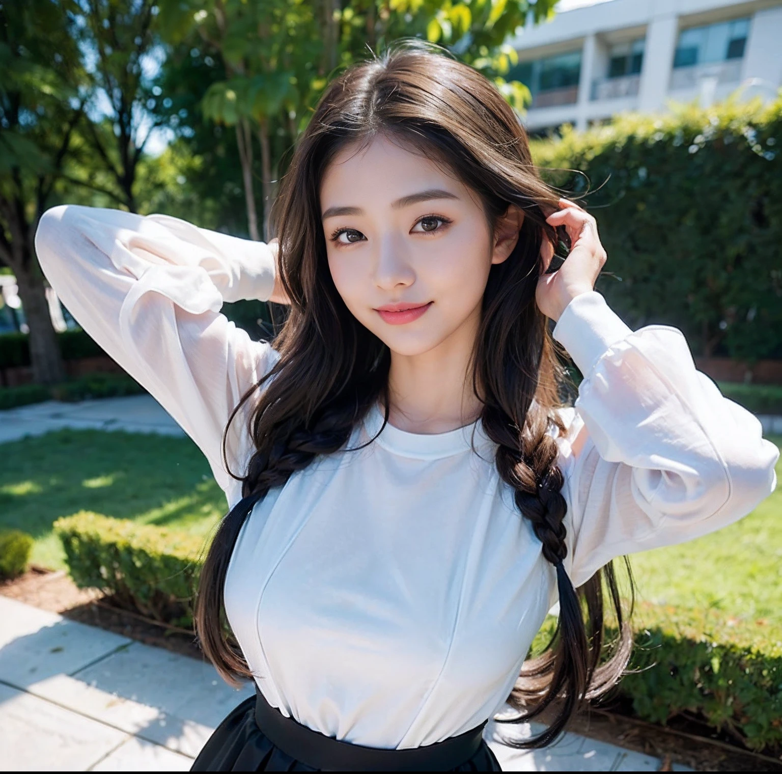 (top-quality、masterpiece)、(Realistic lighting with shadows)、huge filesize、hight resolution、elegent、realisitic、intricate detailes、(Perfect anatomical depiction of the human body)、1 girl with big、((Miraculous Super Size))、She is a teenage girl、((Beautiful light brown eyes with glowing highlights))、Her charming little thin lips are、No lipstick, however、It's shiny、Brunette hair fluttering in the wind、 Backlit braided half-up hair、hi-school girl、Black Dress、Wear chic clothes。Wearing tight pants、((The girl's breasts are not exposed at all))But、Very large breasts、Very beautifully、Looks like a school goddess。This picture is taken from the front.(It is a photo of a smile that looks like a wonderful flower blooming、I have a camera、See with your eyes.。