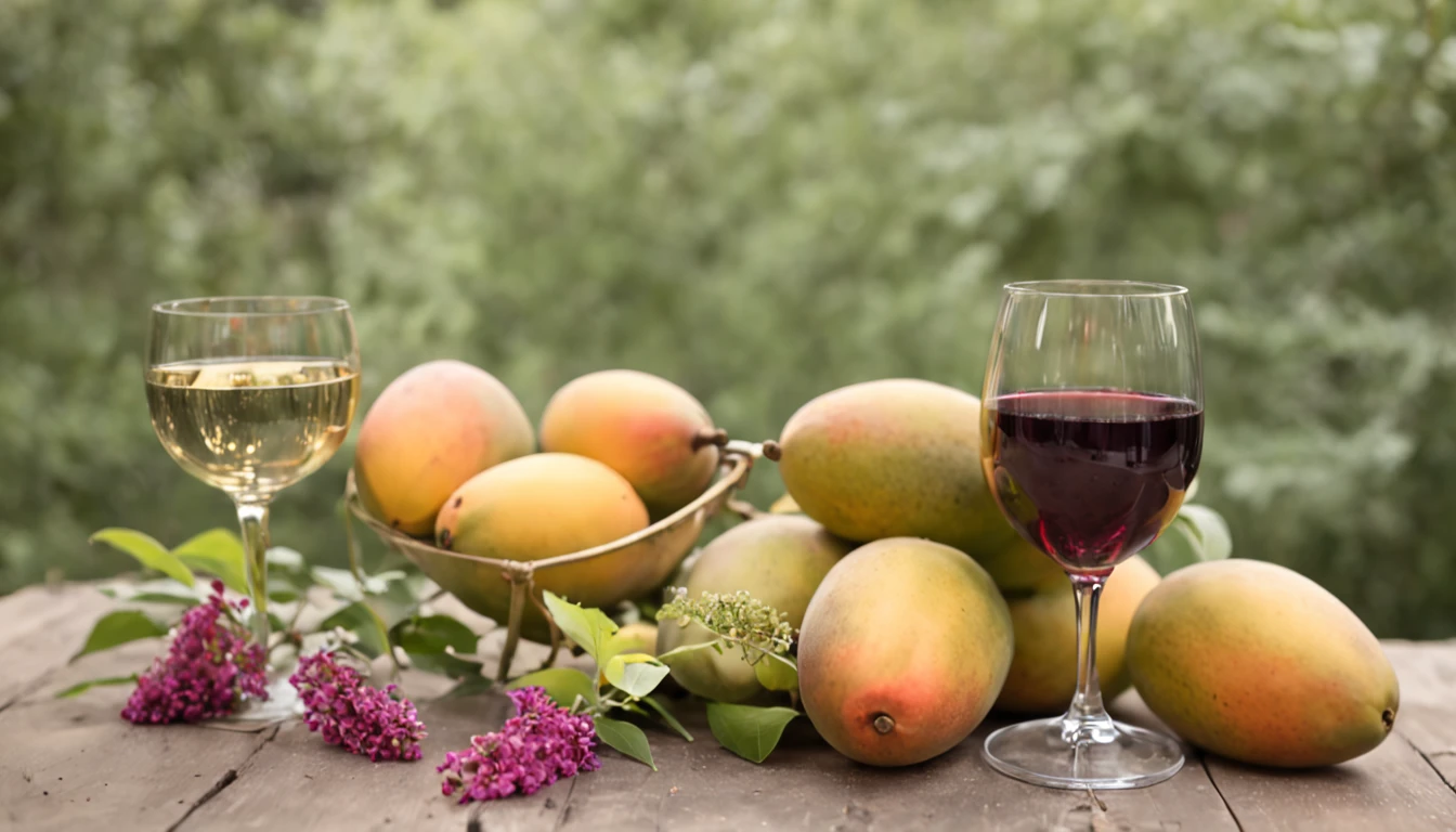"Forest Dream Wine:
1 glass of dreamy fruit wine
a few ripe mangoes
1 branch of wildflowers."