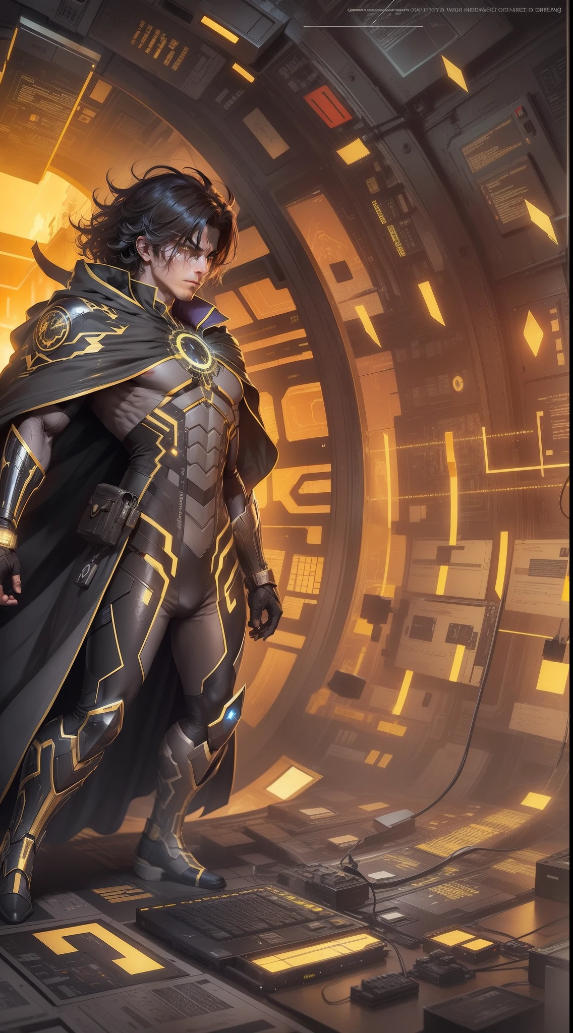 Codebreaker's Awakening
Depict a superhero emerging from a virtual portal at dawn, with code snippets and algorithms floating around you. His focused gaze and determined expression should reflect his mission to decipher the secrets of the digital universe, while the yellow and black tones emphasize his heroic presence.