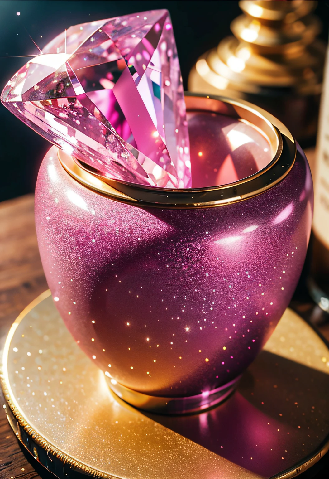 masterpiece、top-quality、top-quality、(Close up photo of glittering pink gemstones in artistic container)、ighly detailed、colourfull、highestdetailed