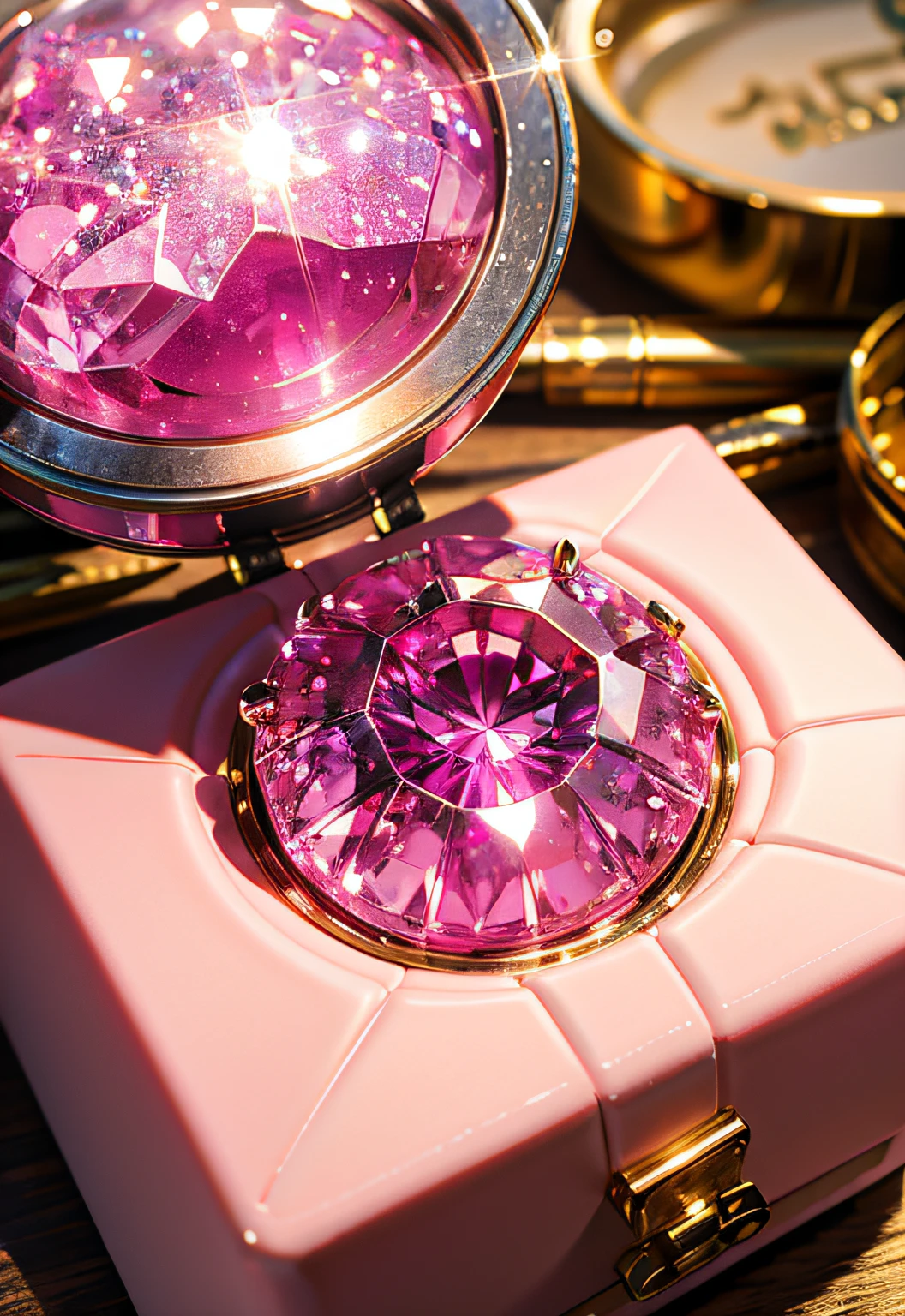 masterpiece、top-quality、top-quality、(Close up photo of sparkling pink gemstones in artistic container)、ighly detailed、colourfull、highestdetailed