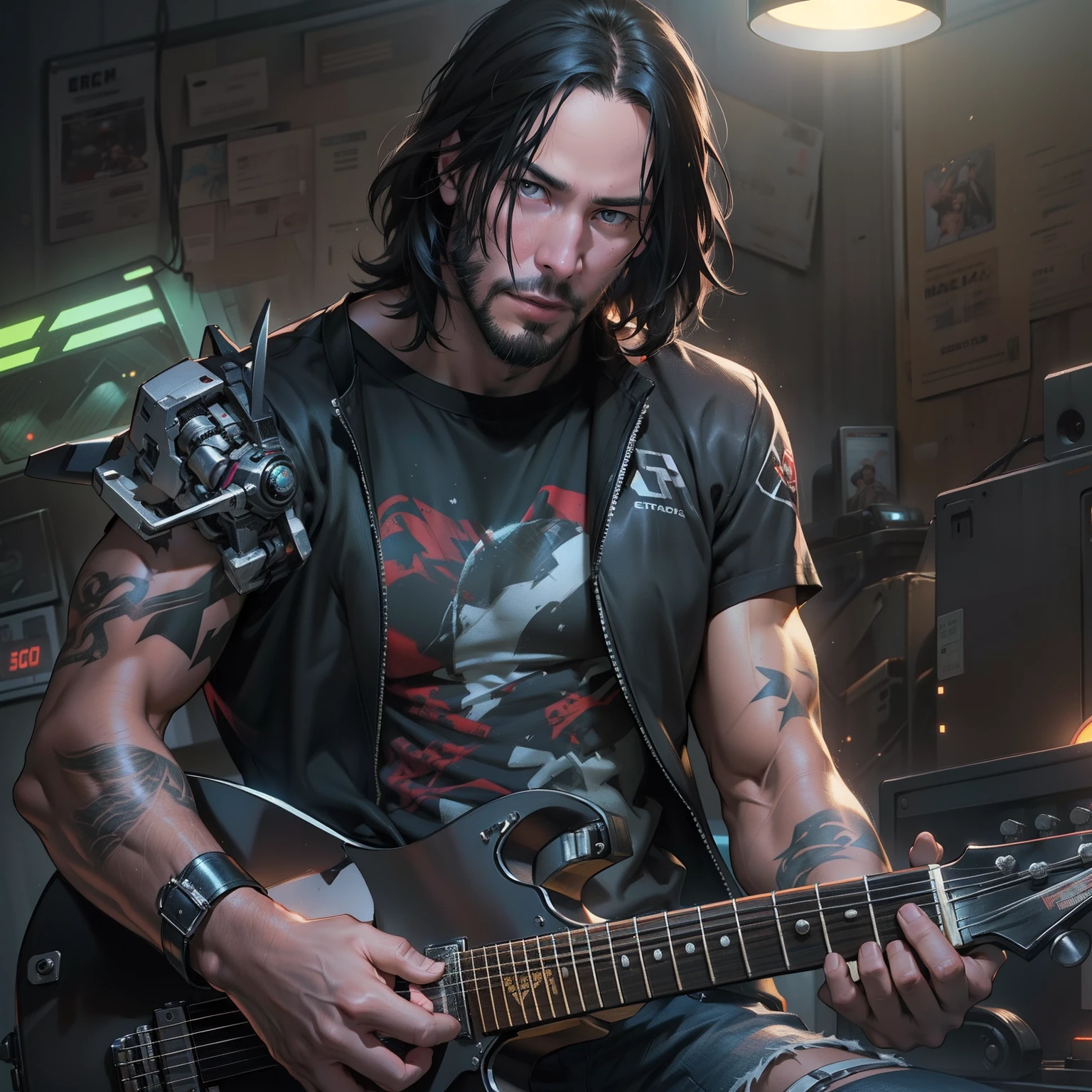 Keanu Reeves, (poster: 1.6), Detalle complejo, Detalles finos, Hiperdetalle, trazado de rayos, Subsurface dispersion, diffuse soft lighting, poca profundidad de campo, por Oliver Wetter, un intrincado, Muy detallado, foco nítido, tension, Pintura fotorrealista (por Greg Rutkowsky:1.4), Bokeh, The robot's left arm is made of silver, Camiseta chaleco antibalas sobre un cuerpo desnudo, Vaqueros morados, botas negras, cyberpunk 2077, Gafas rojas de aviador, Silver prosthetic arm, en altura completa, Lluvia, peinado, Cabello hasta los hombros, Tatoo, Johnny Silverhand, Holding an electric guitar in his hands, Escenario abierto, Ciudad del futuro, Muchos espectadores, Rascacielos negros, Canta, Concierto, en altura completa