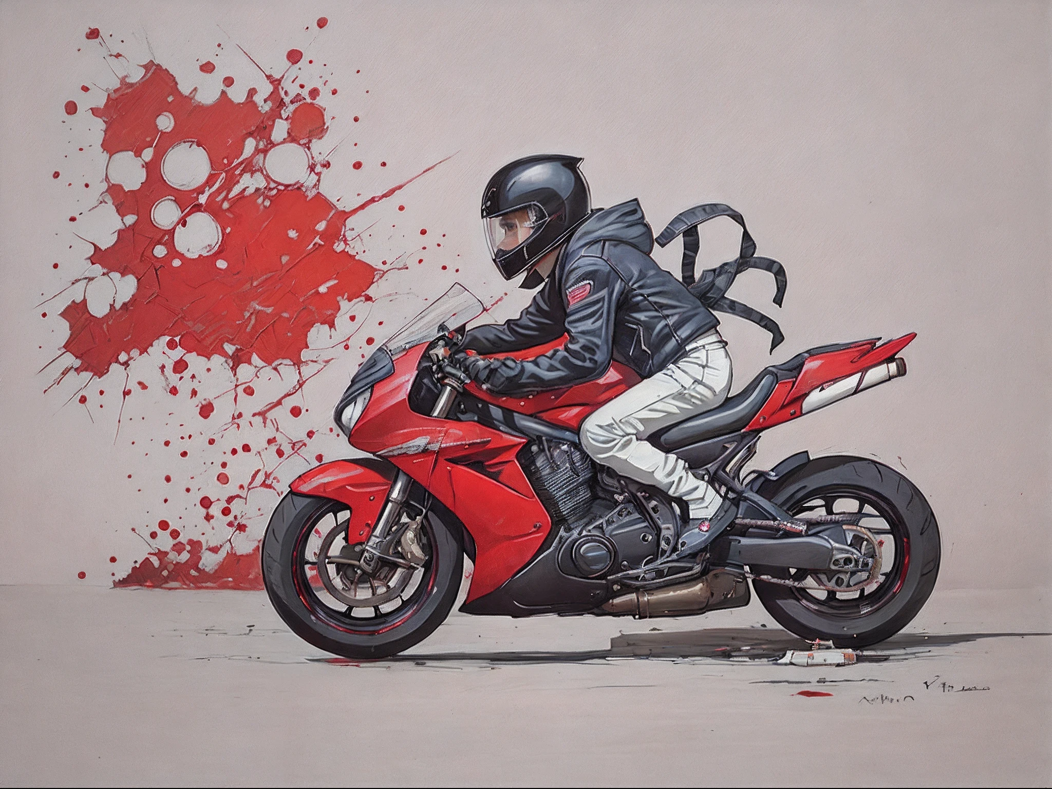 There is a painting，A man riding a motorcycle，There was blood on the ground, akira art style, akira style illustration, akira artstyle, akira's motorcycle, akira motorcycle, akira japanese art, in the style of akira, akira motorcycle, akira style, motorcycle concept art, akira vibes, style of akira motion movie, motorcycle, Anime style artwork, akira movie style