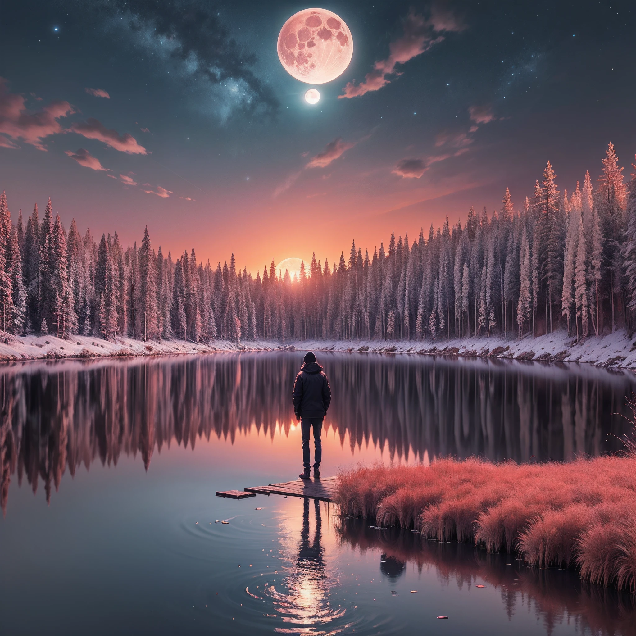 A shadow standing on a red lake with a big blazing moon behind it --auto --s2