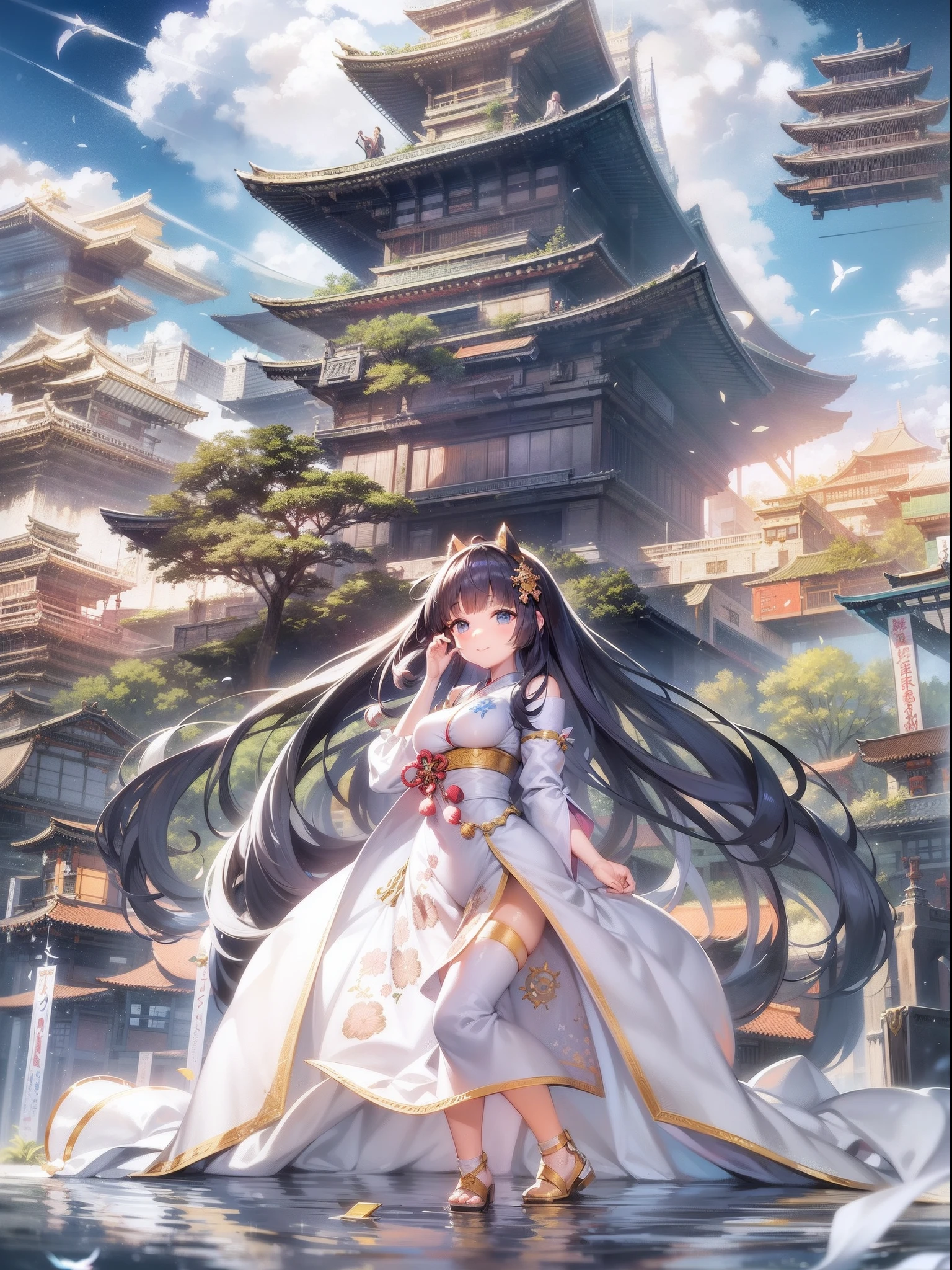 Cartoon with several frames of a huge city floating in a space comparable in size to Atlantis, In the tower that shines with soft light.Mt. Fuji towers majestically and gracefully、Konohanasakuyahime smiles kindly、The princess's breasts are huge、Japanese dress fluttering in the wind、The best illustrations、