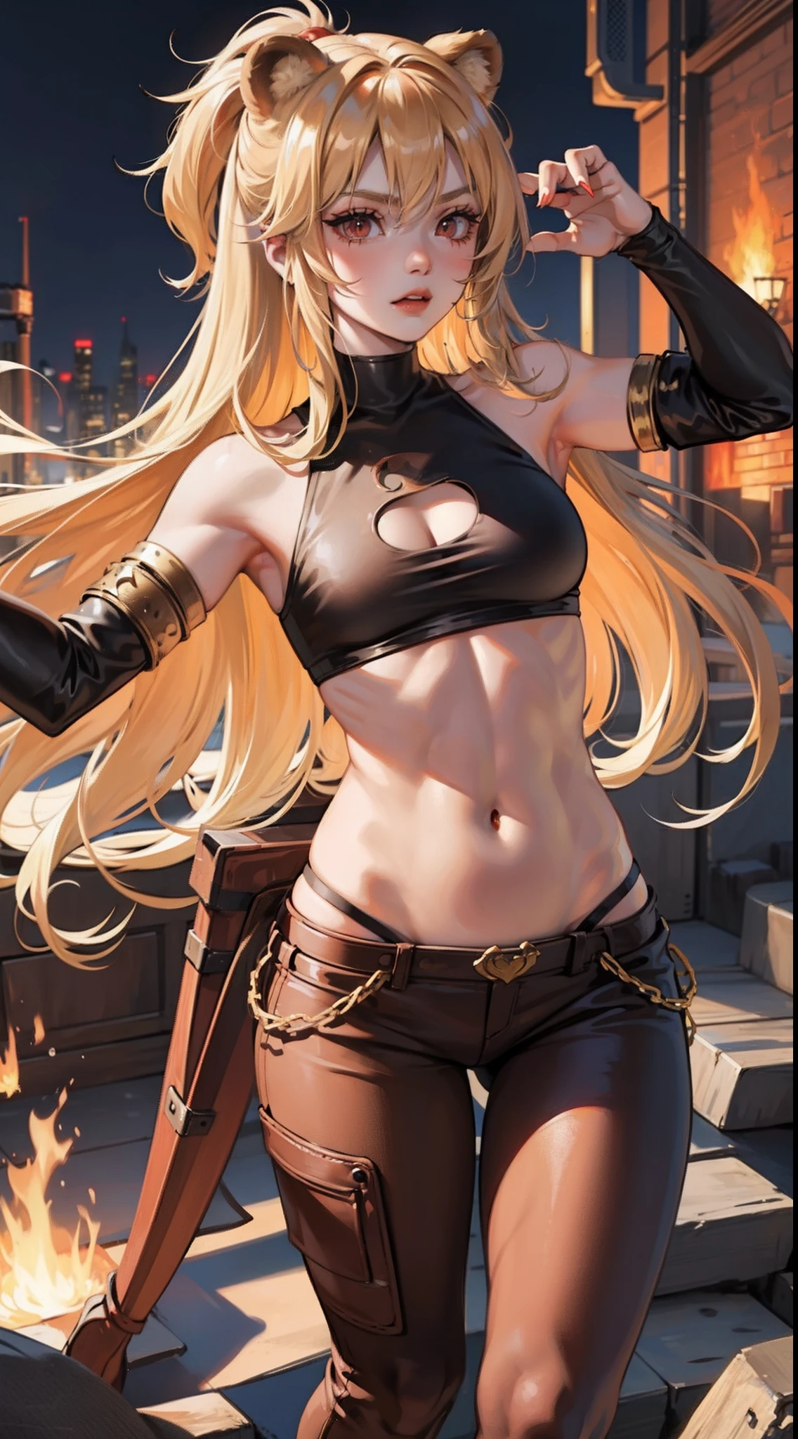 adult girl, longue blonde hair, red eyes, Bear ears, musculature, Scars, open belly, Brown Barbarian Top, Barbarian pants, claws, combat pose, Rage, bear, Masterpiece, hiquality