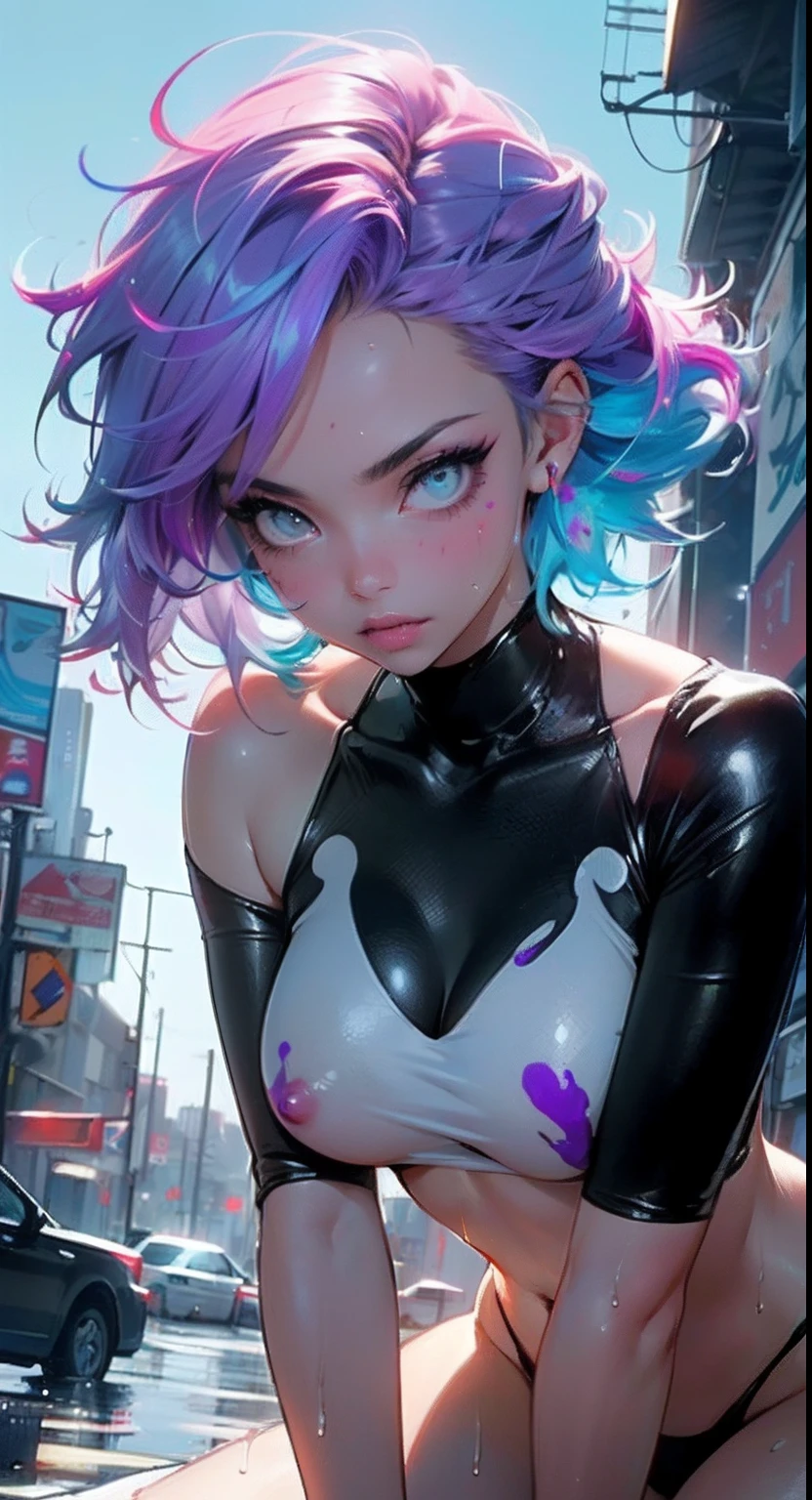 cute cartoon girl,(((1girl))),((extremely beautiful liquid paint hair haired anime girl)),
(large breasts:1.4),short hair,(((liquid paint hair:1.1,neon purple hair|neon pink hair|neon blue hair|neon aqua hair|purple hair|fuchsia hair|fluorescent blue hair|amethyst hair|neon hair|bright pink hair :1.5,bright hair: 1.3,hair made of paint and defies gravity,thick flowing,paint splatter:1.3,shiny hair: 1.3,vibrant colored hair))),((heterochromia:1.5,eye1 purple,eye2 pink,upturned eyes:1.3,perfect eyes,beautiful detailed eyes,finely detailed beautiful eyes:1,symmetrical eyes:1)),((fat)),(((lustrous skin:1.5,bright skin: 1.5,skin tanned,shiny skin,very shiny skin,shiny body,plastic glitter skin,exaggerated shiny skin,illuminated skin,wet legs))),(spider lower abdomen,narrow waist,wide hip,athletic body,inflated legs,delicate detailed fingers,detailed body,human hands,(detailed face)),
cute,slutty,seductive,erotic,((((nsfw))))
(((liquid paint clothes,clothes made of liquid paint))),underboob,with liquid paint micro clothes,body paint,dripping paint,liquid pain tiny thong,bare legs,((wet clothes,detailed outfit,detailed clothes)),
(dynamic pose:1.0),solo focus,embarrassed,(centered,scale to fit dimensions,Rule of thirds),
cyberpunk city by the ocean at night, with bright neon signs and dark stormy clouds and puddles,
High resolution, sharp focus, (ultra detailed, extremely detailed), (photorealistic artwork:1.37), 8k wallpaper,((synthwave background theme)),((vibrant colors)),(intricate),masterpiece,(best quality),