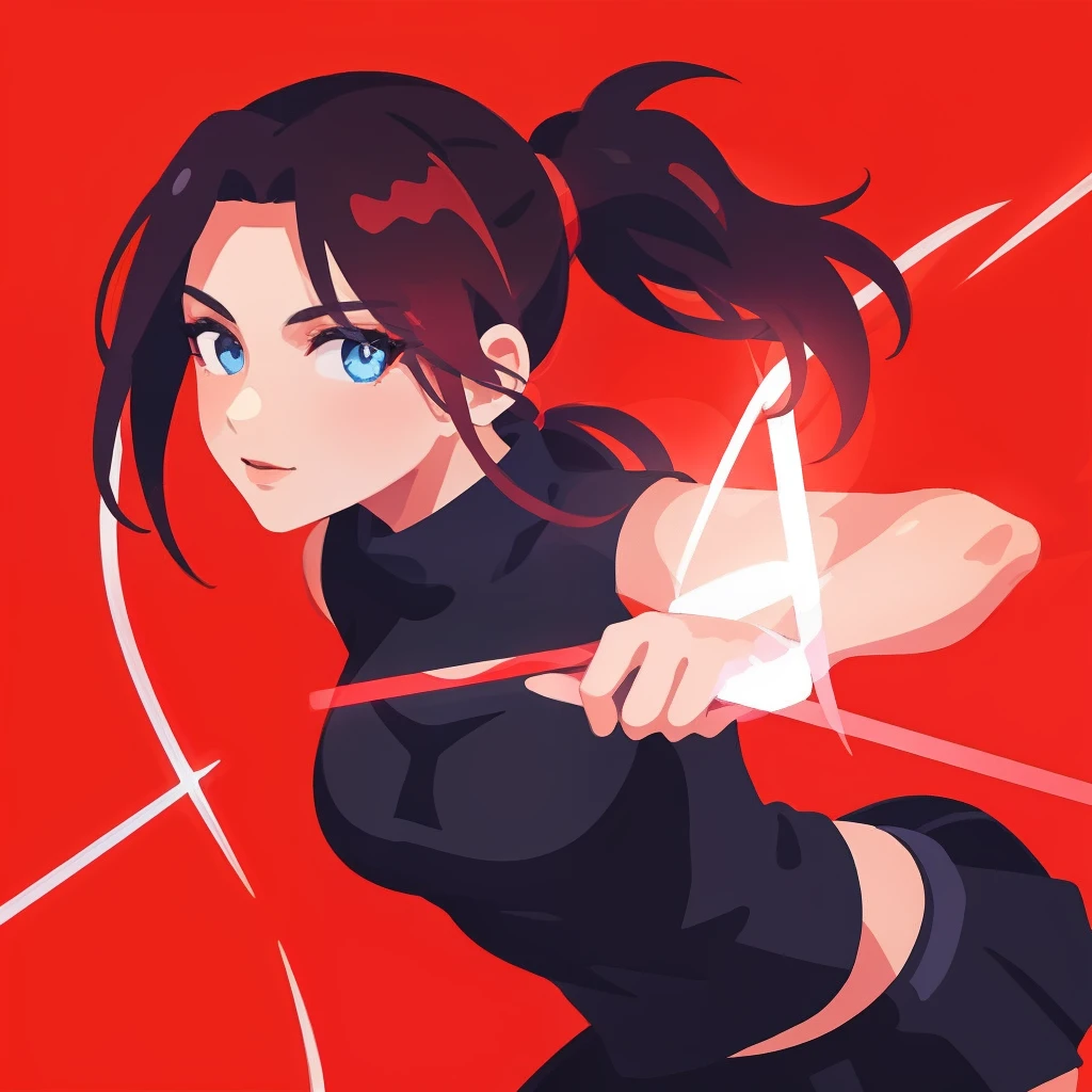 Full body internet girl with ponytail. Bright red indicates that she is an online girl. Clothes like Tomb Raider，But there are skirts. She also has blue eyes. The environment is similar to a terminator. Hair is black. Her face is illuminated by the bright red color on one side of the face. Like LEDs.  And both hands also have LED lights.
