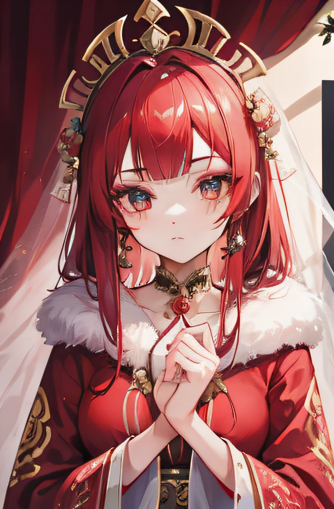 girl, empress, 20yrs old, beautiful, face paint in form of dots, eyeliner, wearing traditional robe, red robe.