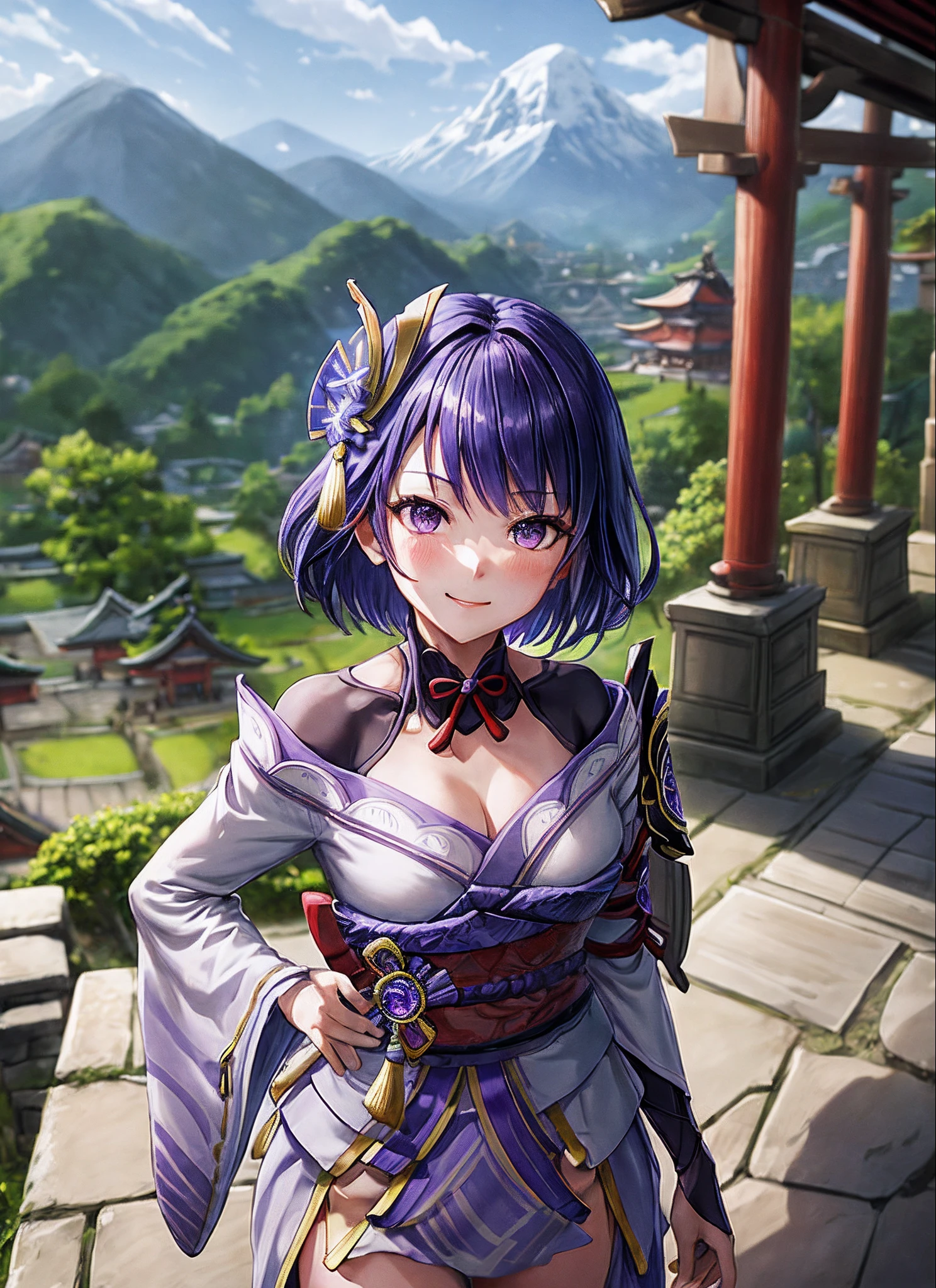 raidenshogundef, upper body, smile, blush, outdoors, day, simple background, blue sky, short hair, sky, temple, looking at viewer, stairs, mountain, moody lighting, facing viewer,