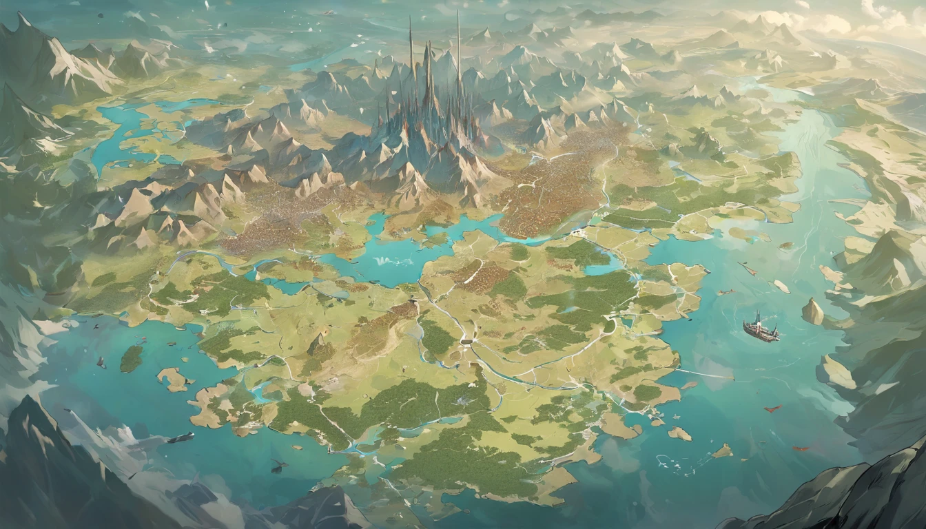 Map of the continent of Varant，In the middle of the map is the river，To the north is the highlands，To the south is a city with many lakes，To the west is the desert，To the east is the plain，There are many rivers，Fantasy cartography，Game map，Detailed map，steam workshop maps，D＆D style fantasy map design