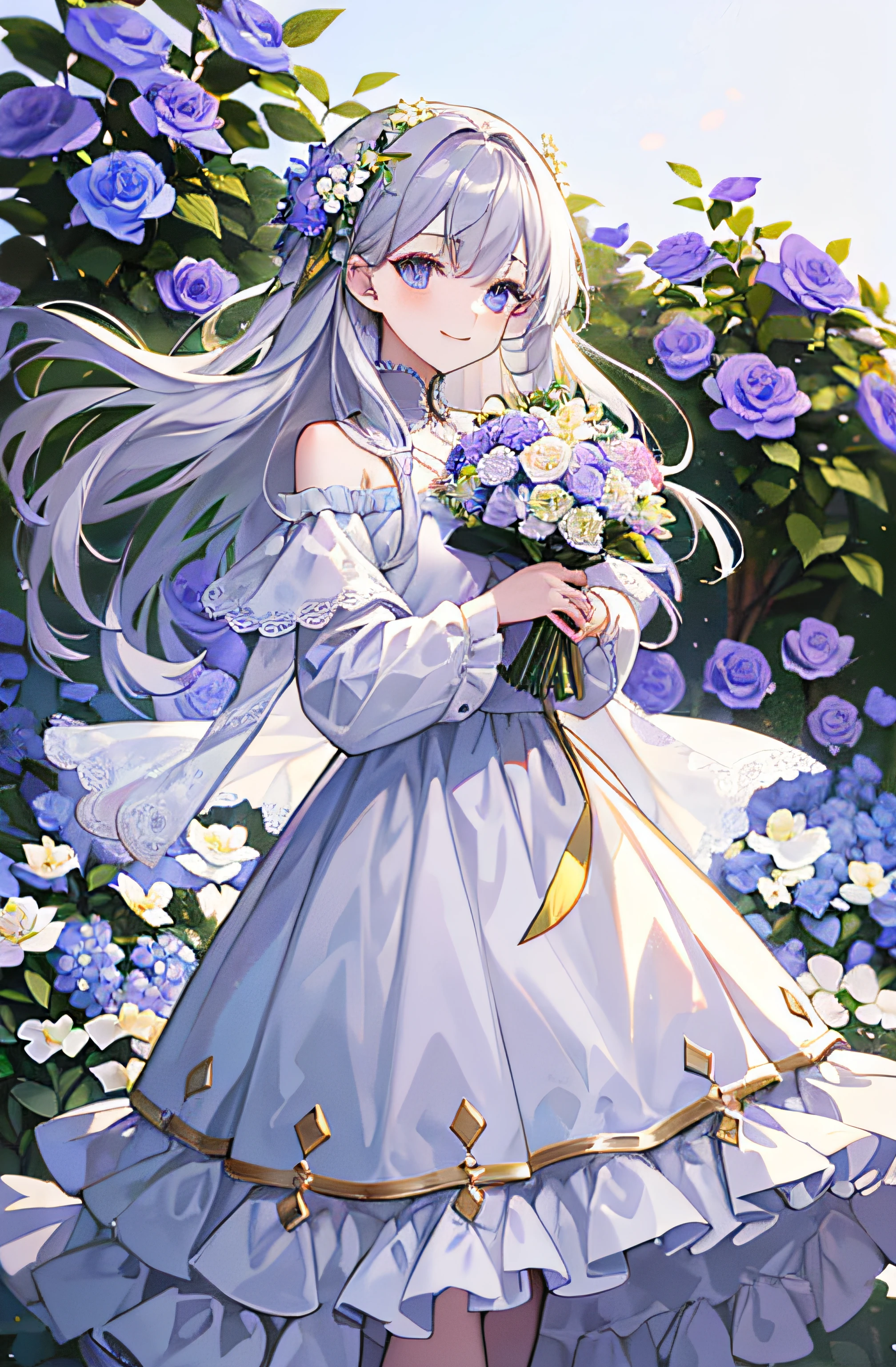 (tmasterpiece、top-quality、illustratio、Extremely high quality、high-level image quality、Extremely sensitive writing)Girl with long silver hair standing in beautiful flowery garden、A slight smile、She has a large bouquet、Cute national costume style dress，There are ruffles on the shoulders、Hair fluttering in the wind