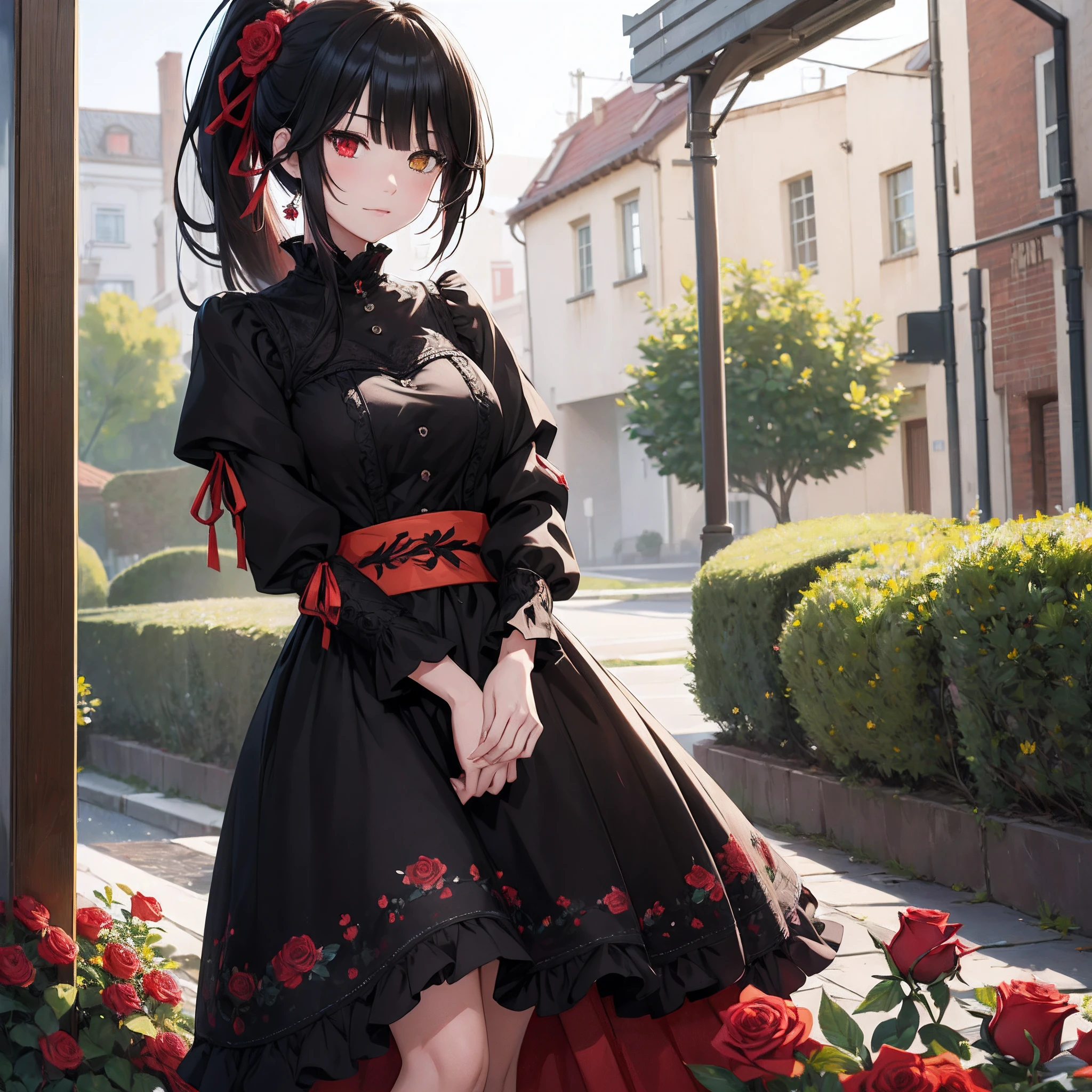 ((top-quality)), ((masterpiece)), ((ultra-detailliert)),(8k wallpaper:1.2),(Ultra-high resolution:1.2),(masterpiece:1.1),wallpaper,High quality,(High detail),(absurdres, highres, ultra detailed),( best quality:1.2),1girl,tokha Kurumi,yellow and red eyes,black hair, ponytail hairstyle,black and red dress,(hair covering left eye), lightly smiling, heterochromia , absolutely stunning art, extremely detailed, highest quality digital art, surrounded by Roses