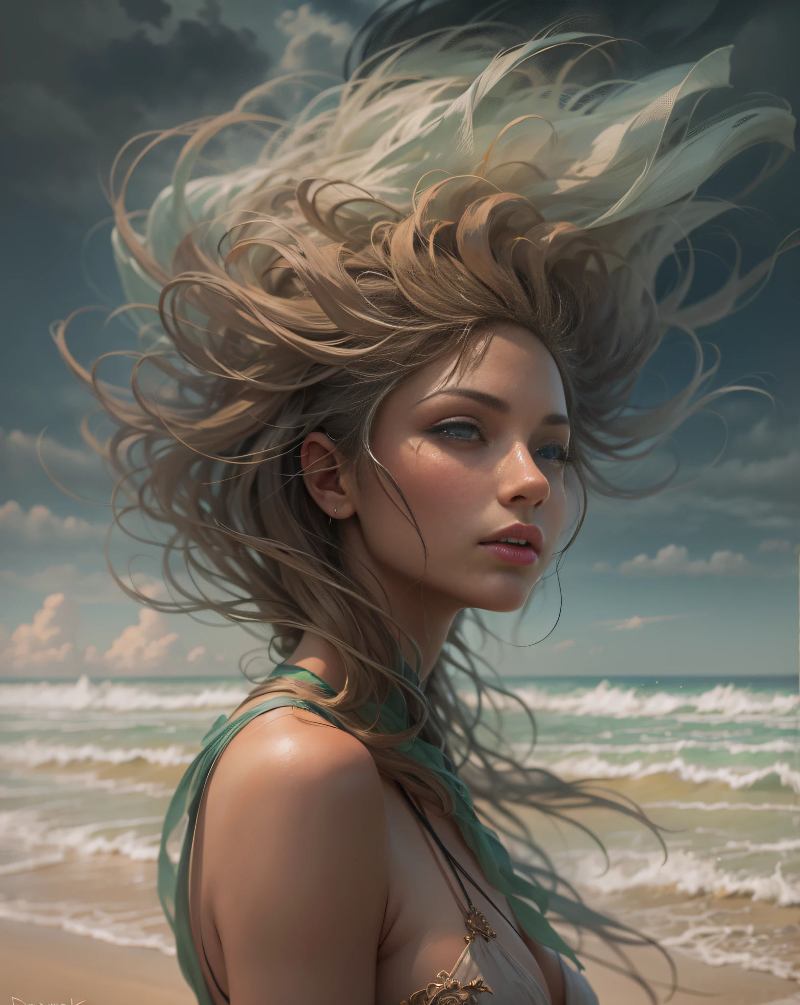 Oil paints,acrycle painting,masterpiece,Renaissance style,(Masterpiece, Top quality, Best quality, offcial art, Beautiful and aesthetic:1.2), close view of full body nude young belgian woman, in erotic pose , hairy intimate hairstyle pubic , background ocean waves with foam, thunderclouds, lightnings
