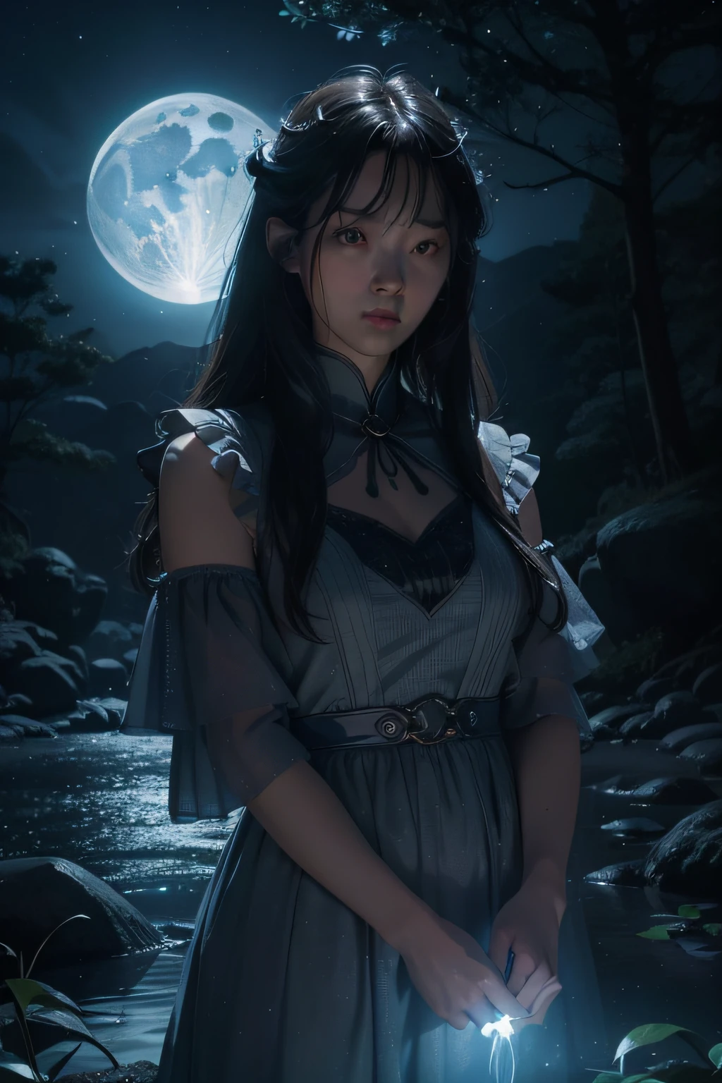 Detailed Cinematic Lighting, Art Station Trends, Isometric, Centered and Highly Realistic Cover Photo, Stunning Full Color, Hand Painted, dark, gritty, 12k, high definition, luminism, bioluminescence、「Super Blue Moon in the Mysterious Night Sky」 A magical night sky、A big shining super blue moon is a star々Peek out from between。Twinkling stars around the moon々and elegant clouds spread、The sky is tinted a deep blue。Moonlight reflected on the surface of the water、Above the lake is the silhouette of Pisces。A thin mist rises from the depths of the mysterious forest、Mysterious creatures are appearing。This night、Draw a scene where the energy of the universe glows like magic、Fantastic lighting、Lightworks、Super Reality、Detailed and realistic Pixar style magical glowing detailed universe detailed ethereal,