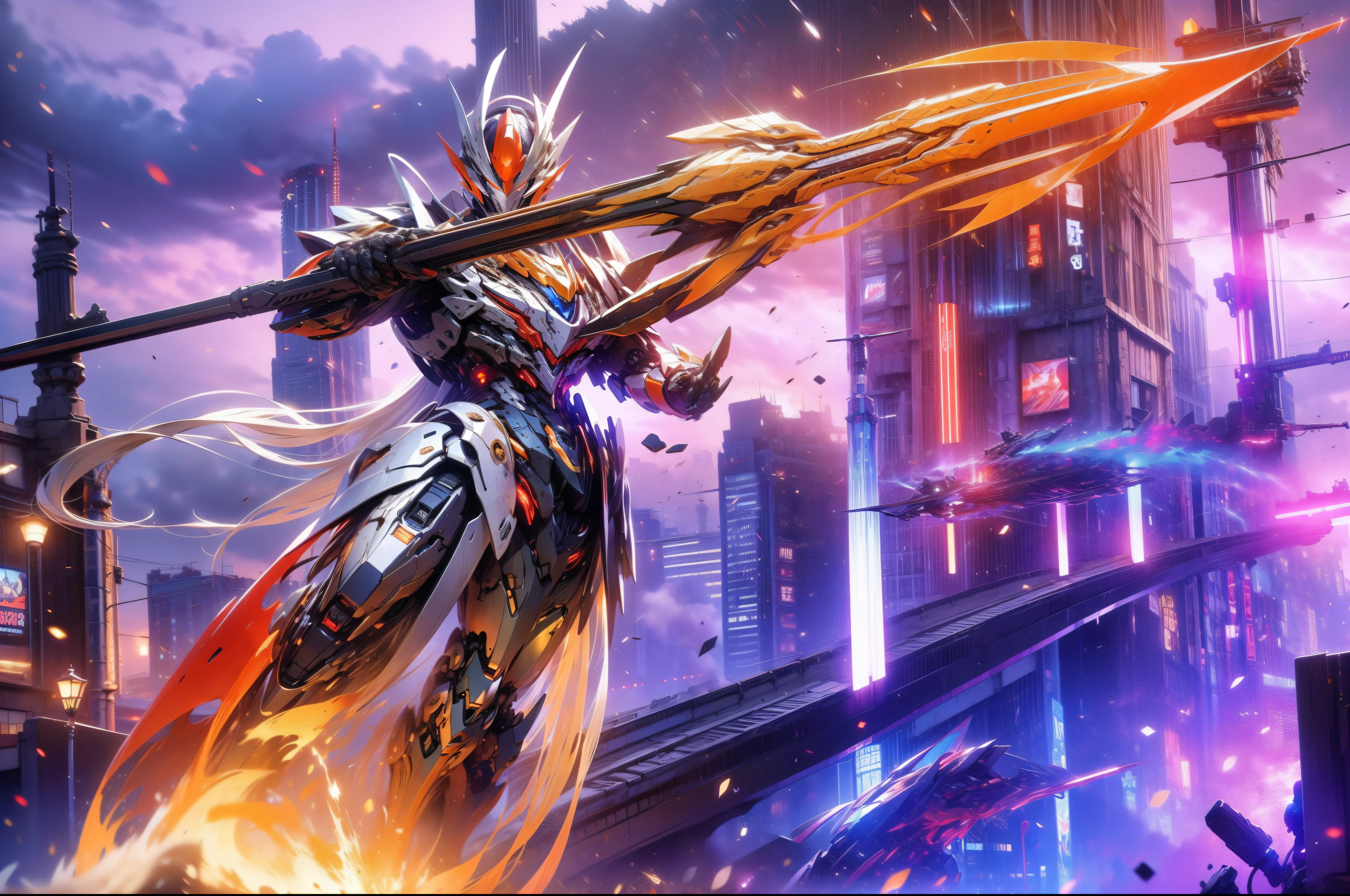 super wide shot, Full body frontal photo,Mecha male warrior close-up，Future warrior style《Mech color:silvery white》，（Holding a red tasseled gun，The gun body itself glows orange-red），Keqing from Genshin Impact, (Masterpiece) ， The best quality， High quality，电影灯光， （Exquisite future）， Beautiful and beautiful， Ultra detailed， great composition， Floating， Depth of field， （Very detailed CG，Unity 8k壁纸）， （Beautiful detail background）， dramatic lights， GOGETTA， Mecha，best qualtiy，Ultra-high 8K Ultra HD，digital SLR camera，high qulity，Film particle resolution，