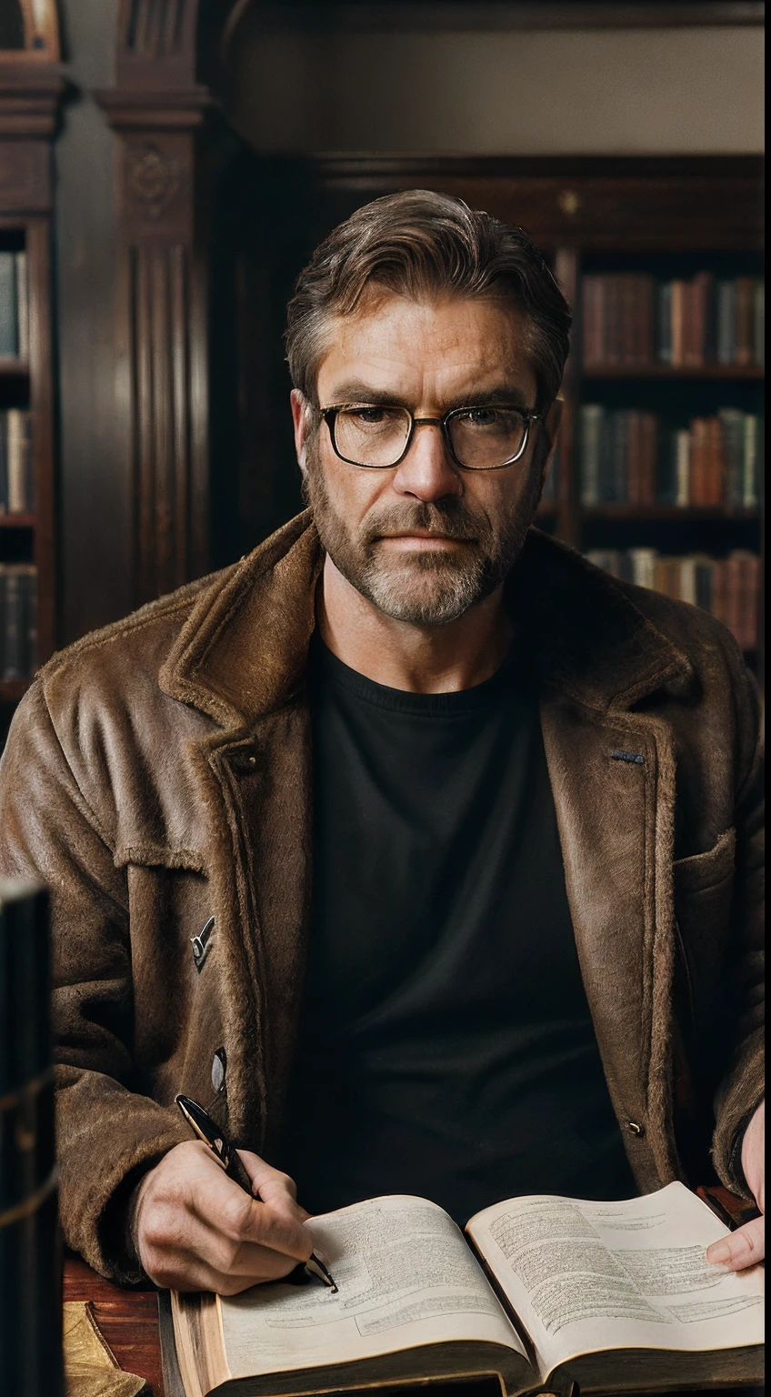 (editorial photograph 9:16 of a working man sitting in his living room in, bearded, calm,confident,look rich,serious doing his reading, 52 years old, brown eyes), (wearing luxury coat, wearing nerd glasses, detailed:1.3), (highly detailed face:1.4), (background inside dark, grumpy, private study libary, antique furniture:1.3), (8k, uhd, DSLR, high quality, cinematic lighting, bokeh), (dramatic and award-winning photography, amazing masterpiece:1.3) (strong depth of field)show book