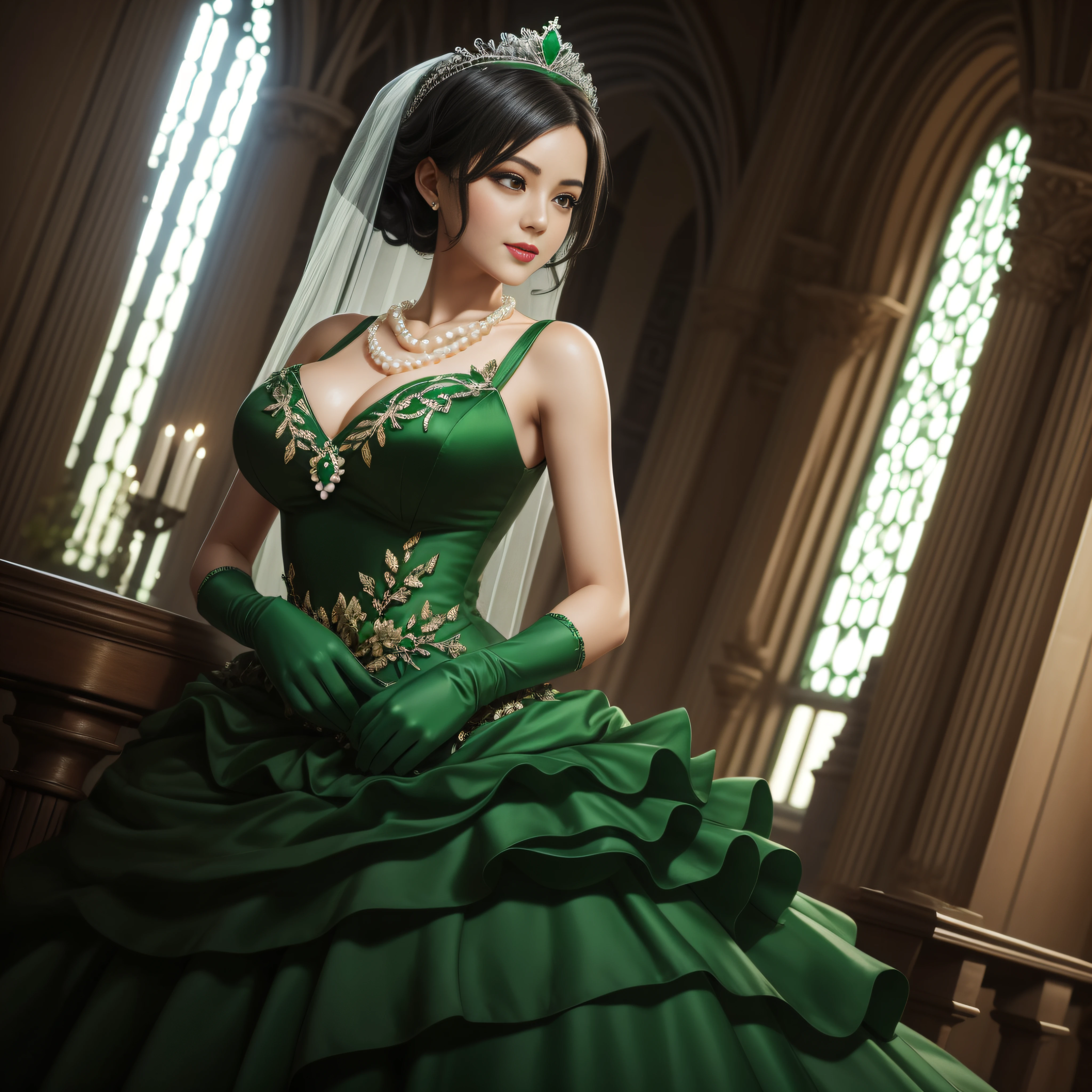 Green Dress Flower Cleanser，Sense of atmosphere, best qualtiy，tmasterpiece，1girll，30-years old，Green dress，Daytime Church，full body Esbian, Green gloves，With short black hair，big breasts beautiful，looking at viewert，ssmile，Green Bridal Veil，Green Long Grove，Satin green long gloves,　lipsticks, Pearl Necklace、Green gloves,　emerald tiara