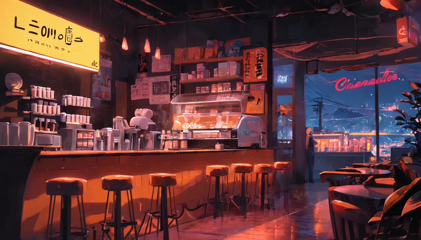 Lo-Fi Coffee, noite, neon, placa, loja, yellow