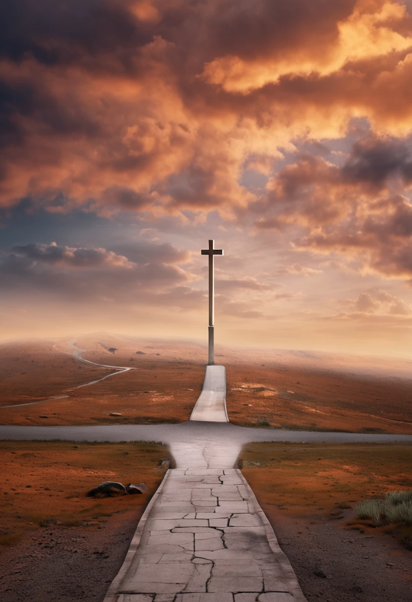 The image should include elements that symbolize the spiritual journey, such as a road stretching towards the horizon, representing the ongoing process of growth. In the center of the image, place a cross, symbolizing the sacrifice of Jesus Christ for salvation. As the road extends, it can be surrounded by clouds that gradually dissipate, representing overcoming challenges and seeking divine light. Please use a soft, uplifting color palette that conveys hope and peace. In the lower right corner, insert the following verse: 'Seek peace with all and holiness, without which no one will see the Lord.