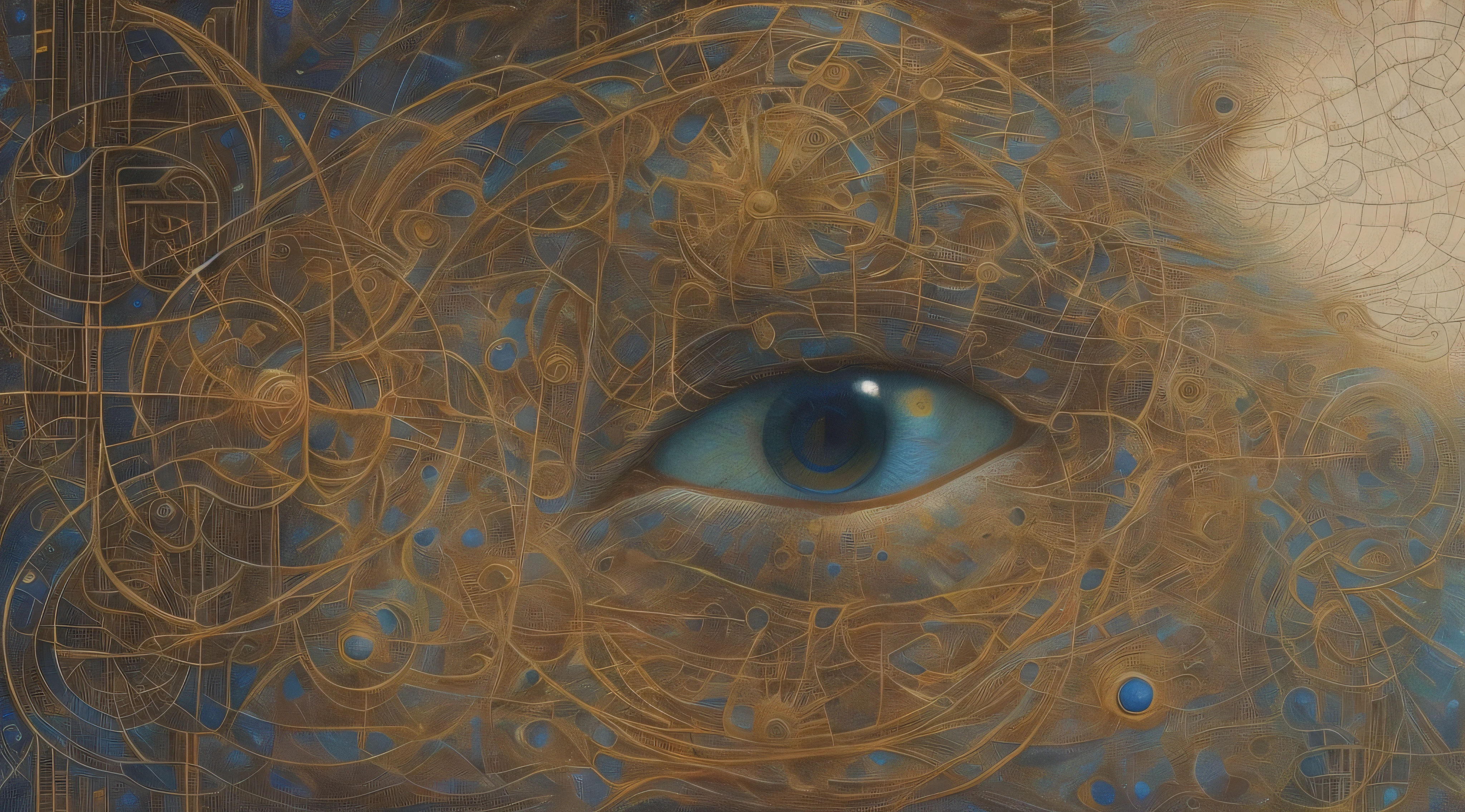 painting of a blue eye with a gold frame and a pattern, inspired by Peter Gric, alex grey and beksinski, visionary painting, beksinski and alex gray, eye, by Peter Gric, deep dream, cybernetic eye, hyper detailed visionary art, portrait of a mystical giant eye, hyper - detailed visionary art, by Anna Füssli
