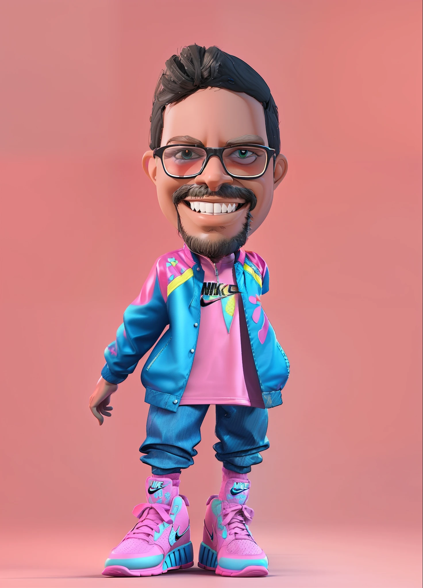 repaint erased area with the body from the neck down of a man in the style of Disney 3D cartoon, Pixar 3D cartoon, in long pink shirt, denim jacket with embroidered roses, stylish long pants, modern long pants, modern urban style long pants , limited edition nike sneakers, exclusive edition nike sneakers, stylish nike sneakers, stylish clothes, smiling at camera, soft pink background, funny Pixar-style cartoon, 3D rendering, 3D style, 3D character, 3D cartoon style, full body 3D character, ultra 3D rendering in best quality, Cinema 4D, (Pixar Character Style: 1.8).