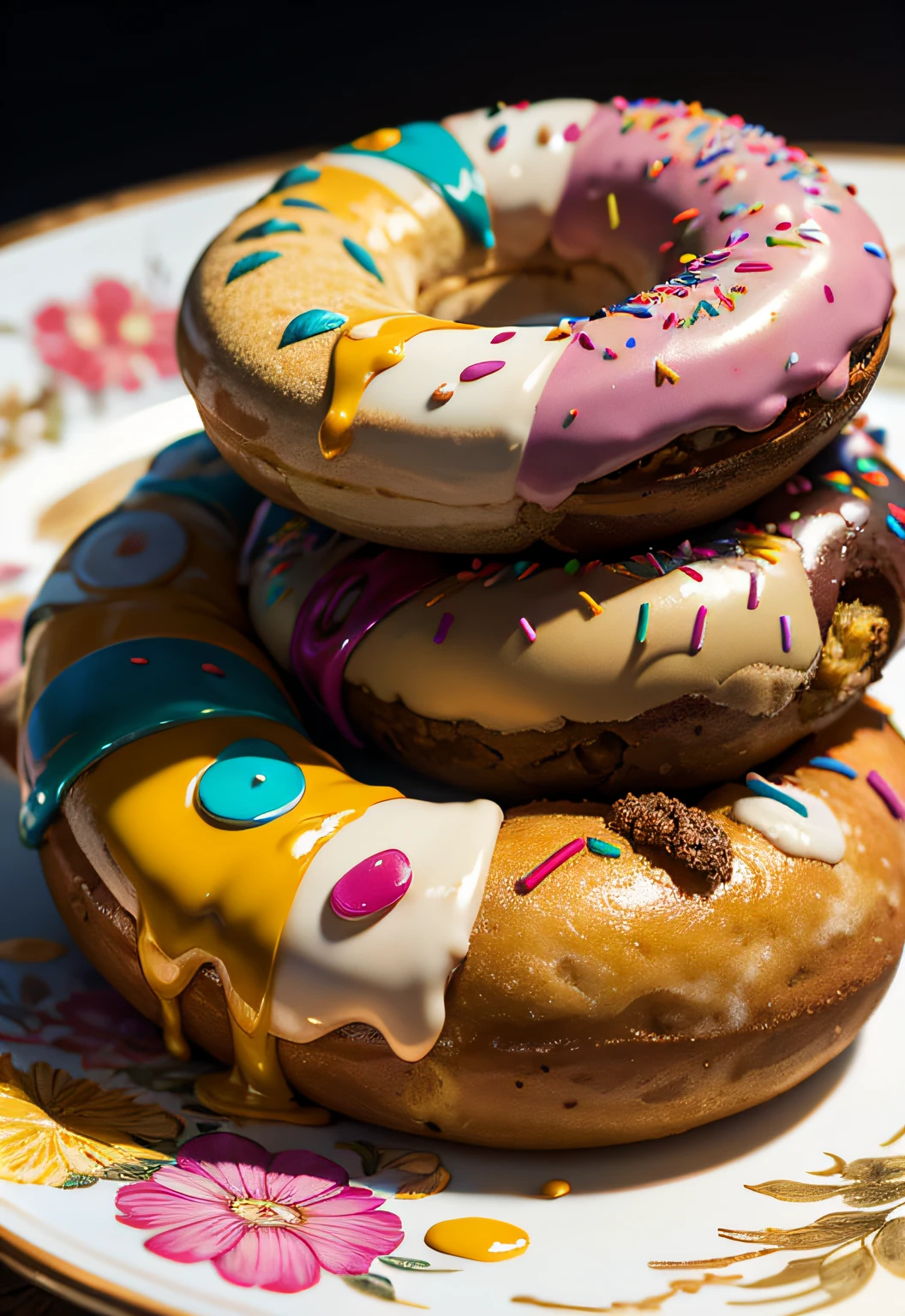 ​masterpiece、top-quality、top-quality、(Close up photo of colorful donuts on artistic plate)、ighly detailed、colourfull、highestdetailed