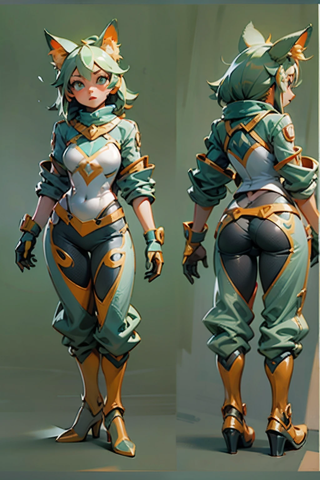 Game character standing drawing design,Disney animation,style of disney animation,Orc female,Cat-eared lady,vibrancy,Laser skirt,Flared pants,Slim figure,high-heels,Different layers overlay,Different angles,(Back all over the body:1.4),solid color backdrop,clean backdrop,depth of fields,high light,Real light,Ray traching,OC renderer,UE5 renderer,Hyper-realistic,best qualtiy,8K,Works of masters,super-fine,Detailed pubic hair,Correct anatomy,