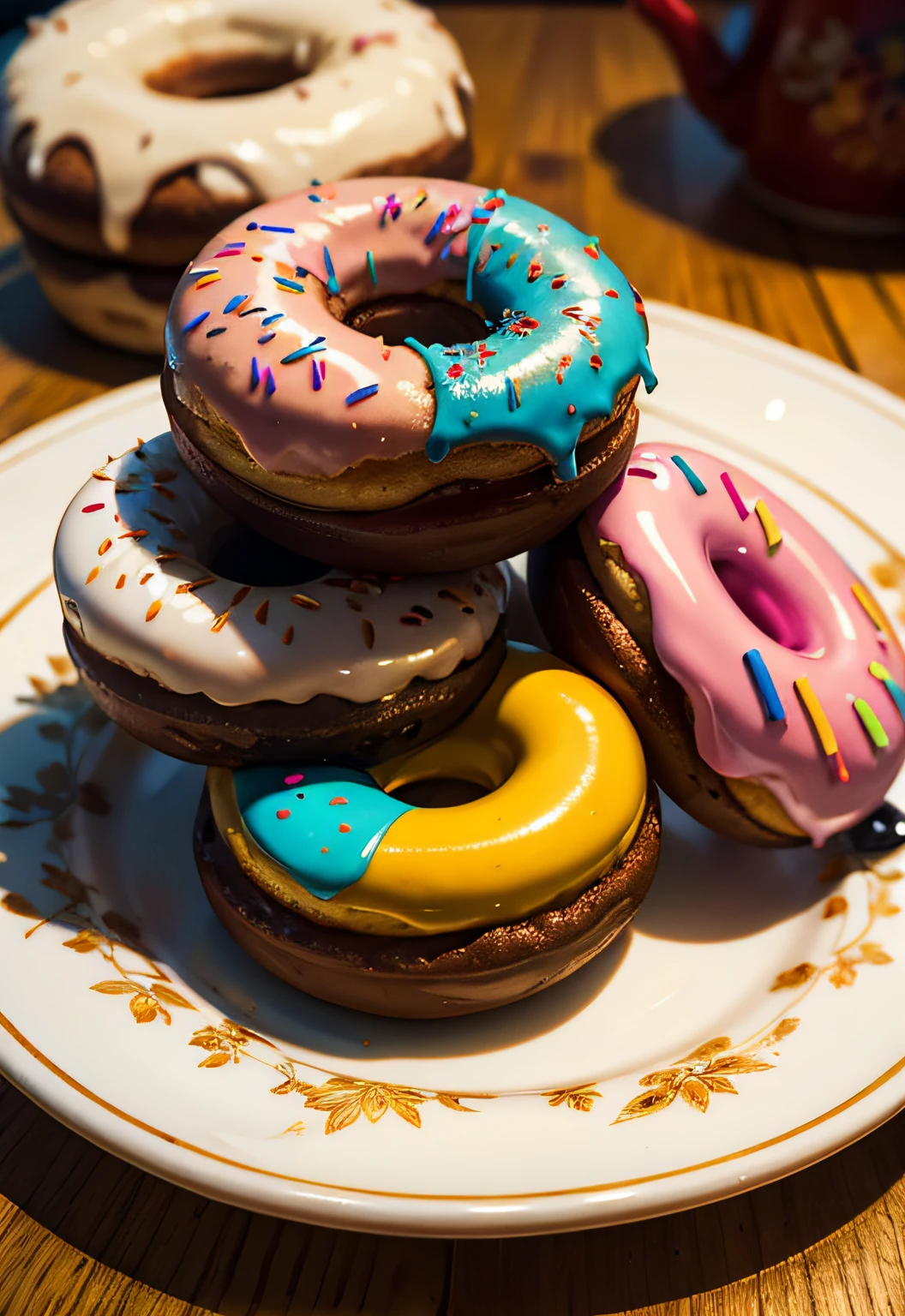 ​masterpiece、top-quality、top-quality、(Close up photo of colorful donuts on artistic plate)、ighly detailed、colourfull、highestdetailed