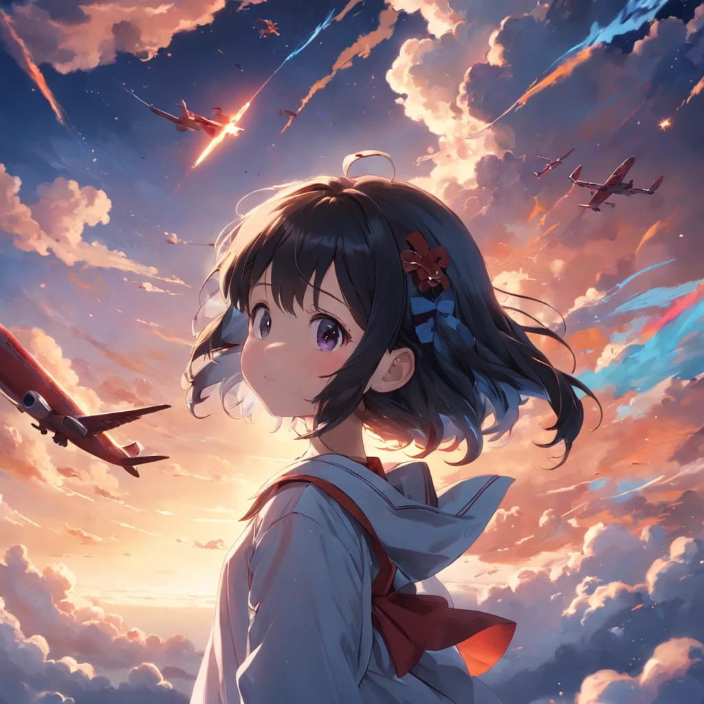 masterpiece、top-quality、Movie stills、1girl、Cloud Girl、floating in sky、Planes、A dark-haired、、a closeup、发光、happiness、Warm soft lighting、the setting sun、(Spark:0.7)