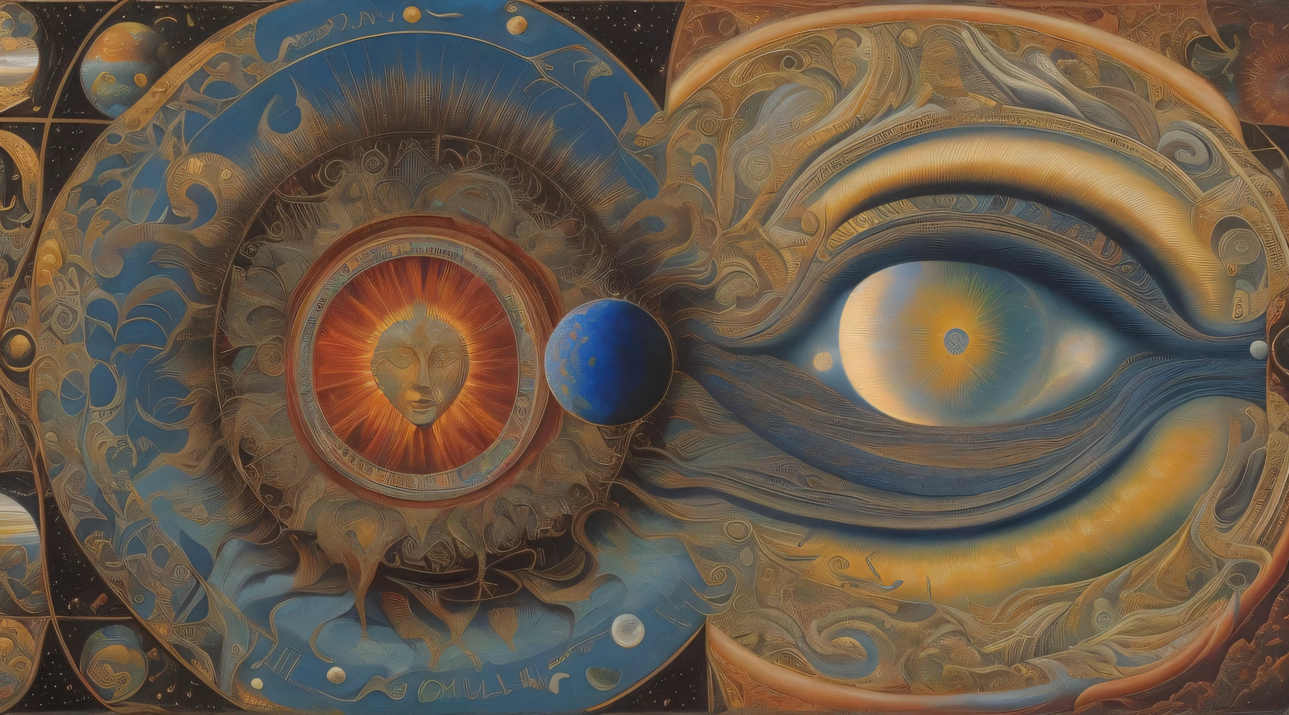 painting of a painting of a sun and moon with a blue ball, alex grey and beksinski, alex grey and gustave dore, alex grey and tim hildebrandt, alex grey and romero ressendi, paul laffoley, by Mati Klarwein, adolf wölfli and donato giancola, by Jan Sawka, by Alexander Kucharsky