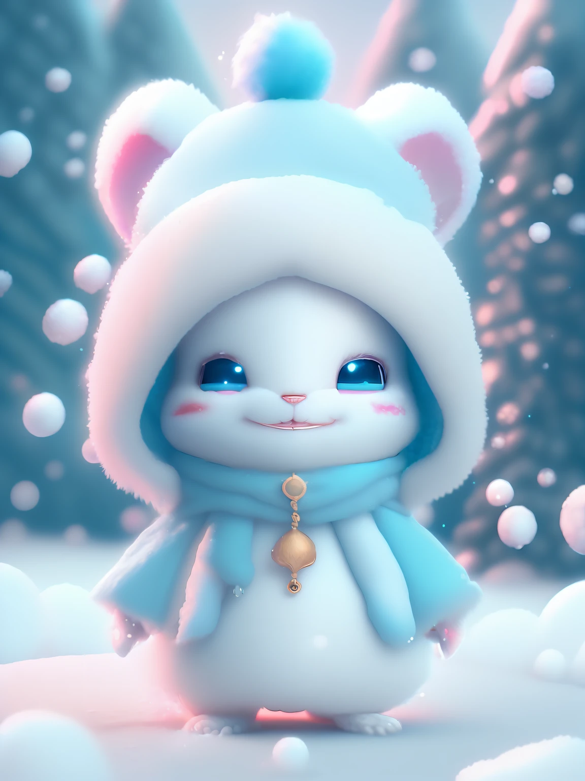 an adorable kitten+Snow-white furry,large bright eyes,A sweet smile,A sweet smile,Dress up as a fashion model,Stylish suit with blue crystal texture,Hats and handbags,Snow white fluffy,large bright eyes,large bright eyes,standup,Fluffy tail,Winter rises,The snow flutters gently,Extremely detailed 3D animation renders symmetrical center position, Super realistic, super-detail, posh, 3, Cinematic Lights, Ultra-sharp details, Ultra-transparent material, Close-up of the, complex texture, octane rendered, zbrush, 8k, Ultra-realistic UREAL