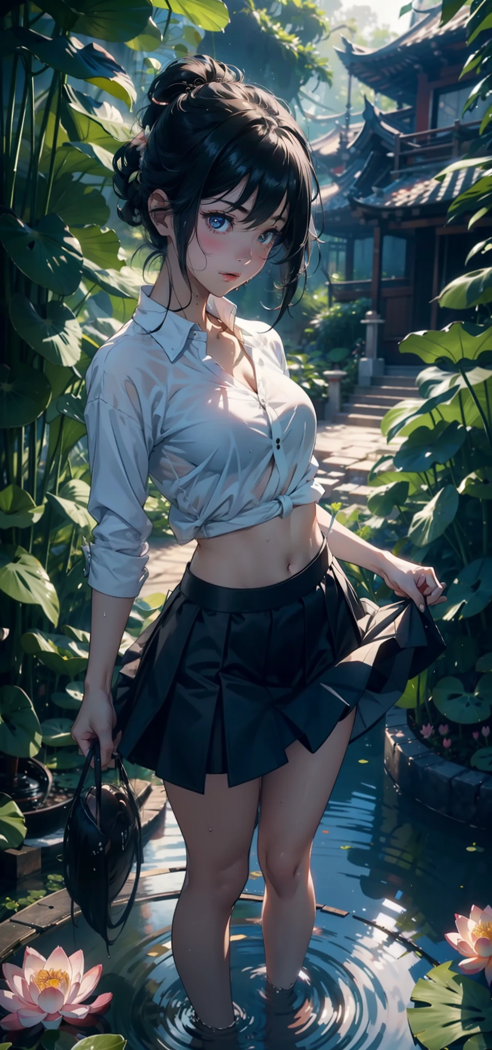 1female,Small loli,Small breasts,独奏,(Background with:bamboo forrest,lotuses,lotus flower,exteriors,Lotus pond) She has short black hair,standing on your feet,Sweat profusely,drenched all over the body,seen from the front, hair straight, mostly cloudy sky,(((tmasterpiece),(Very detailed CG unity 8K wallpaper),best qualtiy,cinmatic lighting,detailed back ground,beatiful detailed eyes,Bright pupils,Black eyes,(Very fine and beautiful),(Beautiful and detailed eye description),ultra - detailed,tmasterpiece,)),facing at camera,A high resolution,ultra - detailed),revealing breasts,Bare genitalia, Bulge,legs are open,Raised sexy,Camel toes,Flushed complexion,Open-mouthed,frontage,elementary student(Wearing:Bubble skirt,nakeness,Bare breasts,Bare lower body)