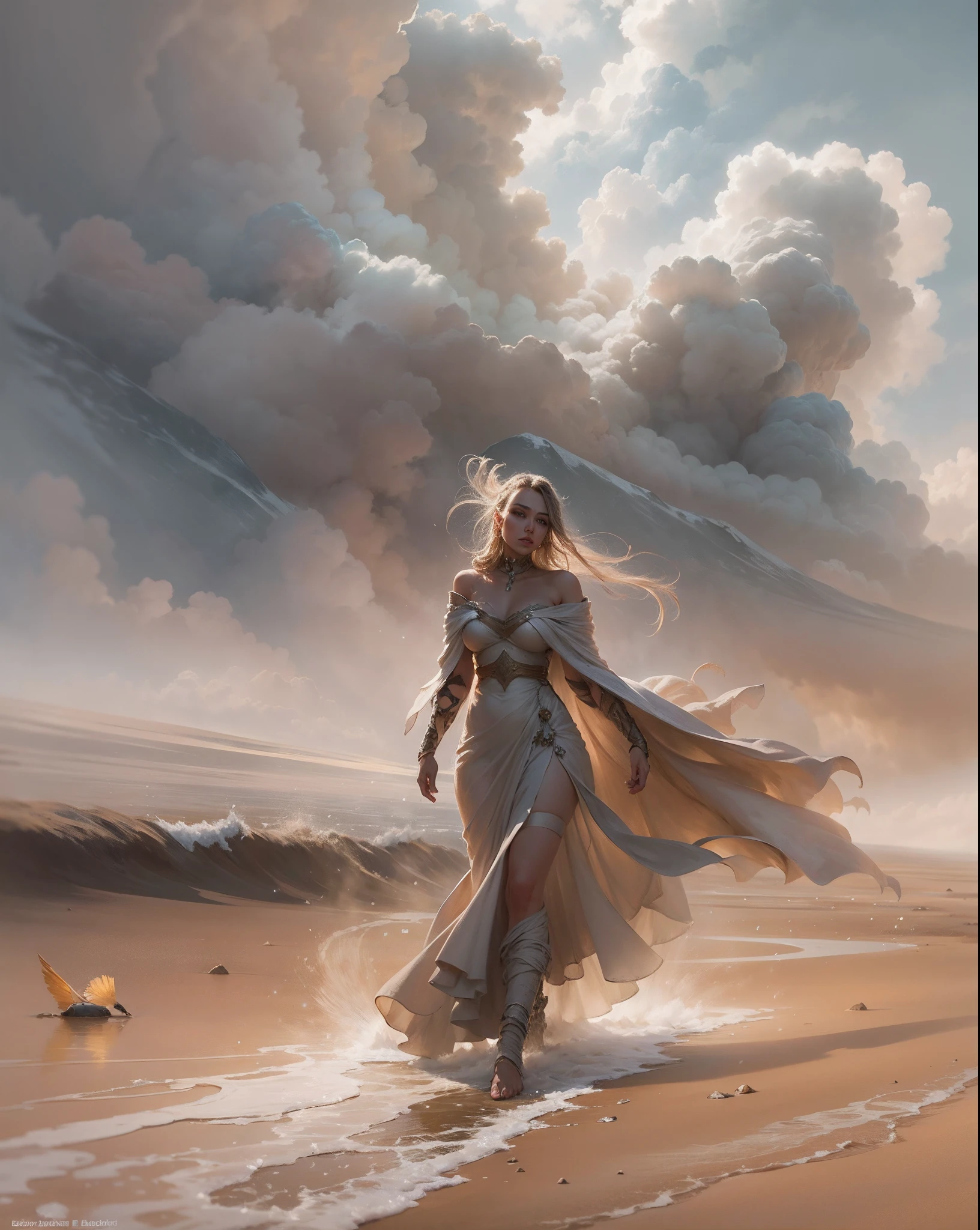 Arad woman in dress walks across the beach, inspired by Darek Zabrocki, Brooke Sardin in detail, Goddess of dust, (tmasterpiece),(photorealestic),(真实感:1.2),(RAW photogr:1.2),(best qualtiy:1.2),(Detailed face: 1.4),(Beautiful detailed eyes:1.2),(detailed hairs),light in face,inspired by Maciej Kuciara, inspired by Igor Kieryluk, author:Darek Zabroki, Tomasz Alen Kopera and CGsociety, cloud goddess, Wind and dust