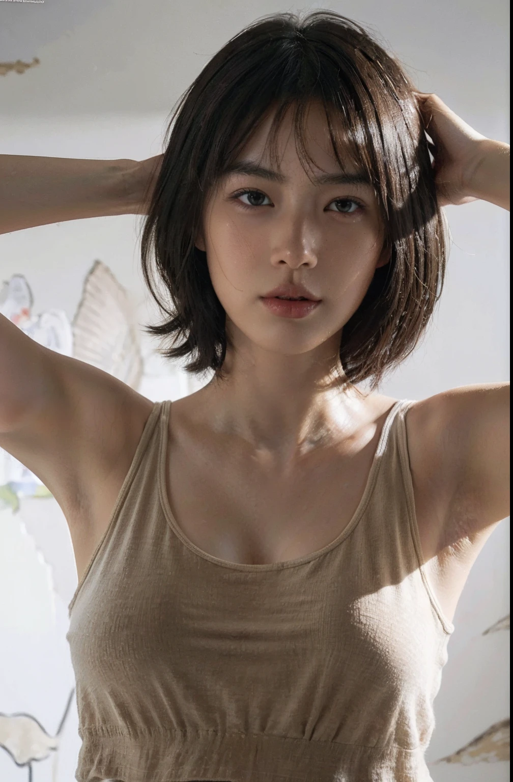 (Ultra Real), (Illustration), (High Resolution), (8K), (Very Detailed), (Best Illustration), (Beautiful Detailed Eyes), (Best Quality), (Ultra Detailed), (Masterpiece), (Wallpaper), (Detailed Face), Droopy Eyes, Sweaty, Upper Body Up, Armpits, Short Hair, Inner Color, Solo, Simple White Tank Top Girl, Japan Person, Big Tits, (Camel Toe)